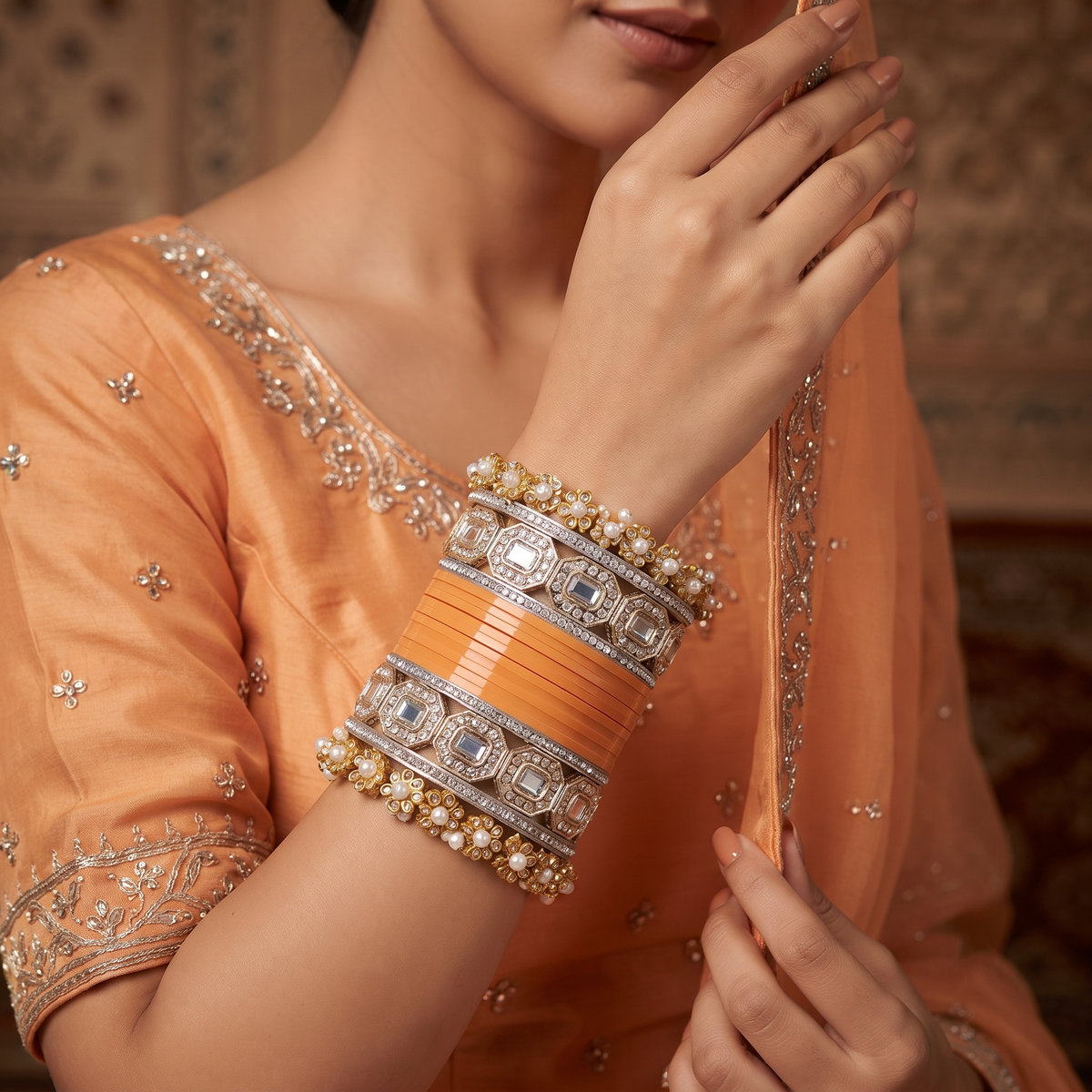 AYSIMA Amodini – Peach Bridal Bangle Set with Pachari Kadas | 36 Pieces