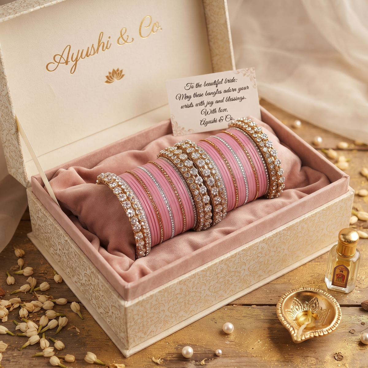 AYSIMA Mridula – Rose Pink Bridal Bangle Set with Floral Kadas | 42 Pieces