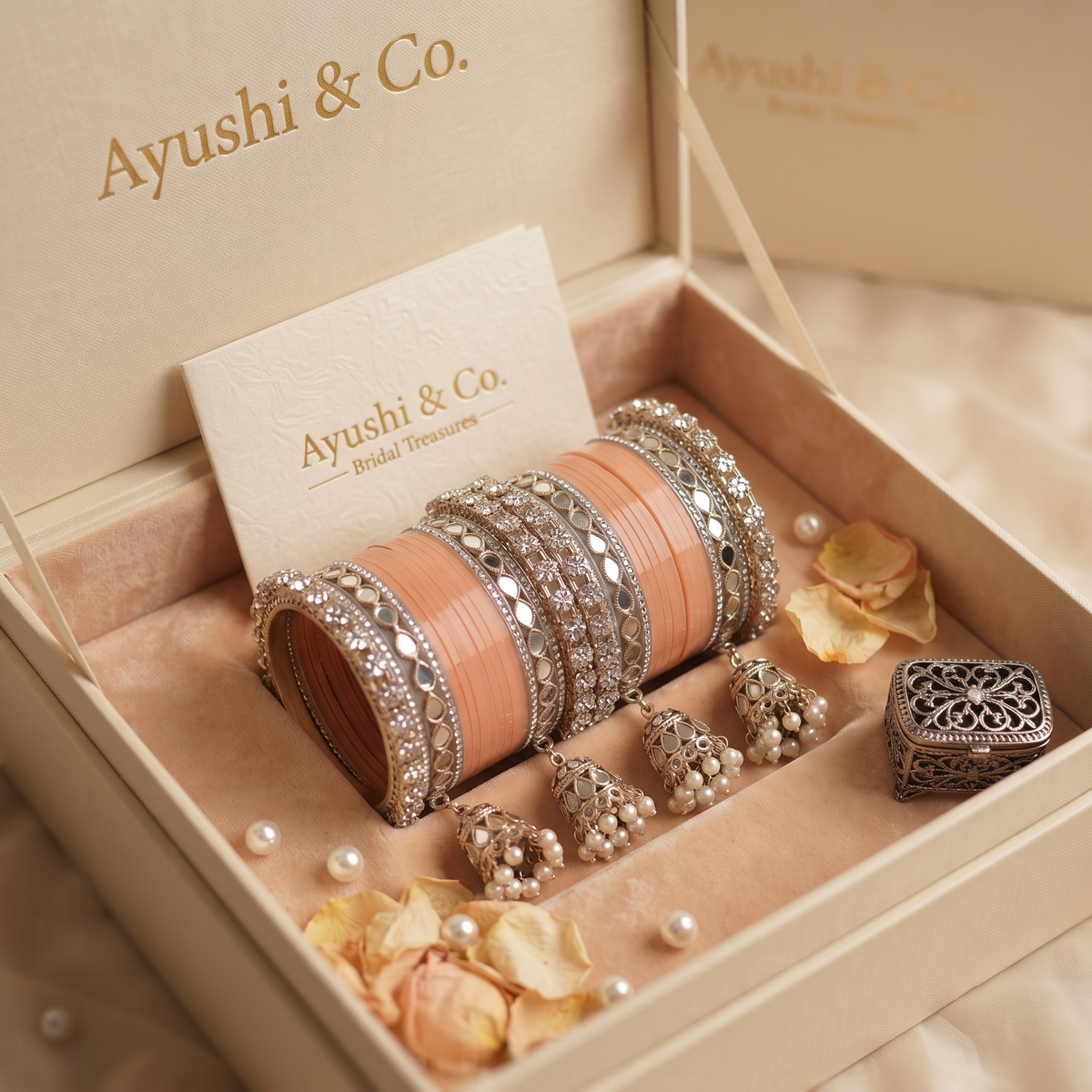 AYSIMA Mihika – Peach Bridal Bangle Set with Mirror-Look Kadas & Jhumka Charms - 36 pieces