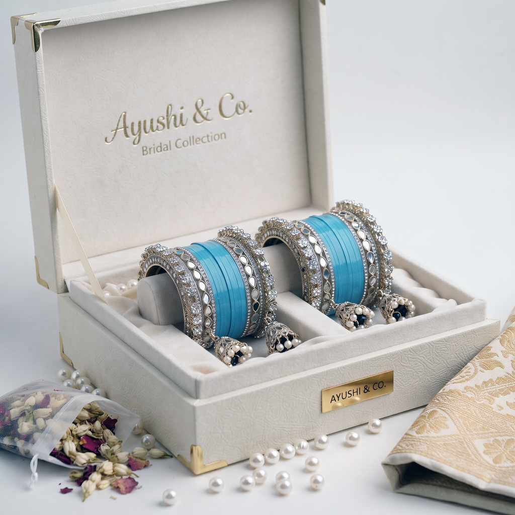 AYSIMA Sagarika – Aqua Blue Bridal Bangle Set with Jhumka Charms - 36 pieces