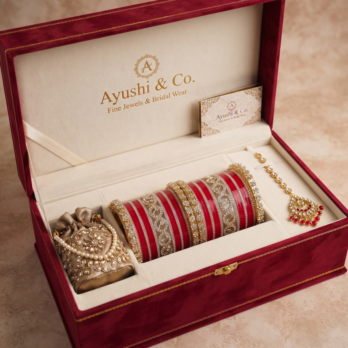 AYSIMA Radhika – Red Bridal Chura Bangles with Gold-Tone Floral Kadas - 42 pieces