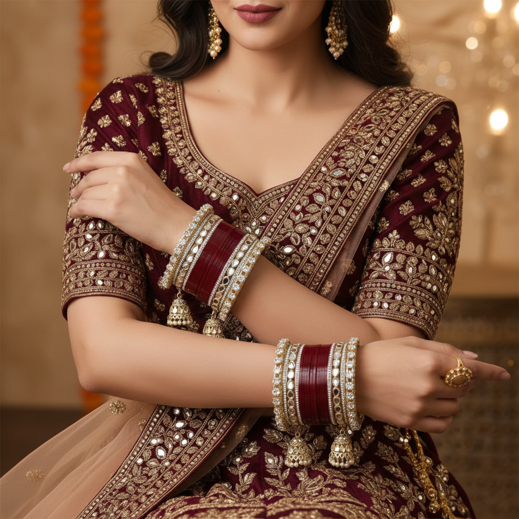 AYSIMA Anuradha – Maroon Bridal Bangle Set with Jhumka Charms - 36 pieces
