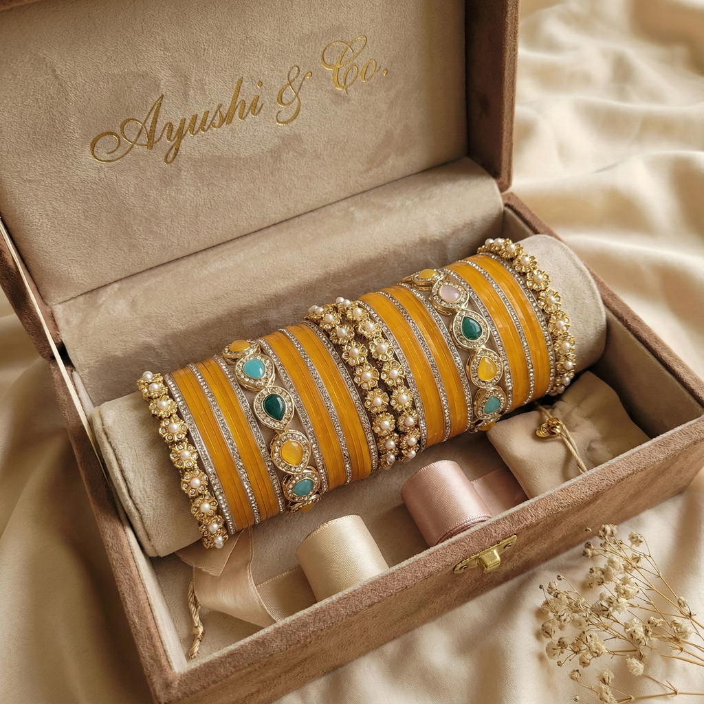 AYSIMA | Yellow Bangle Set for Women with Kada | 42 Pieces