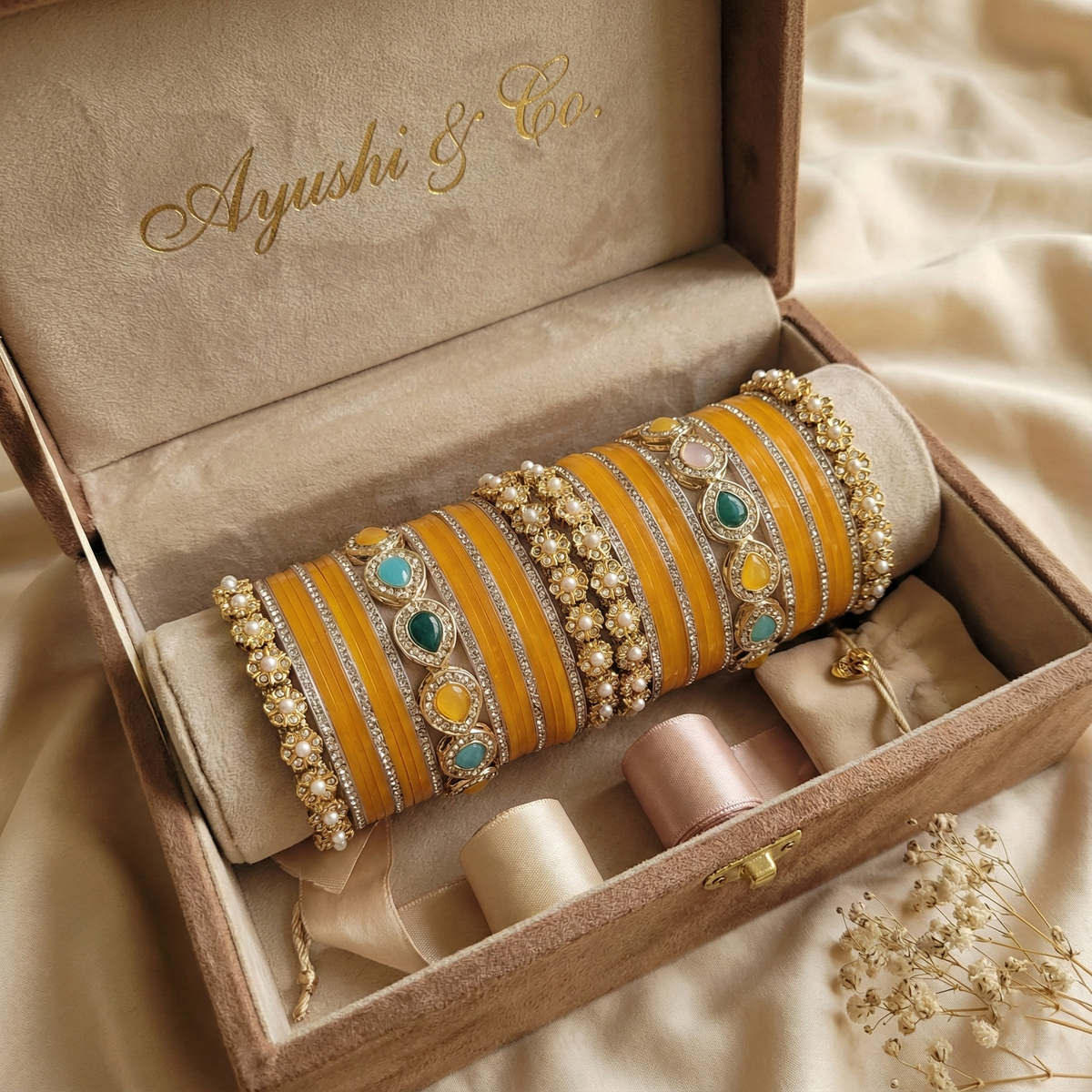 AYSIMA | Yellow Bangle Set for Women with Kada | 42 Pieces