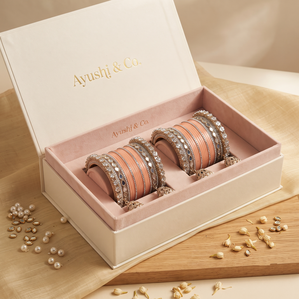 AYSIMA Anaya – Peach Bridal Bangles with Mirror-Look Kadas & Jhumka Charms - 40 pieces