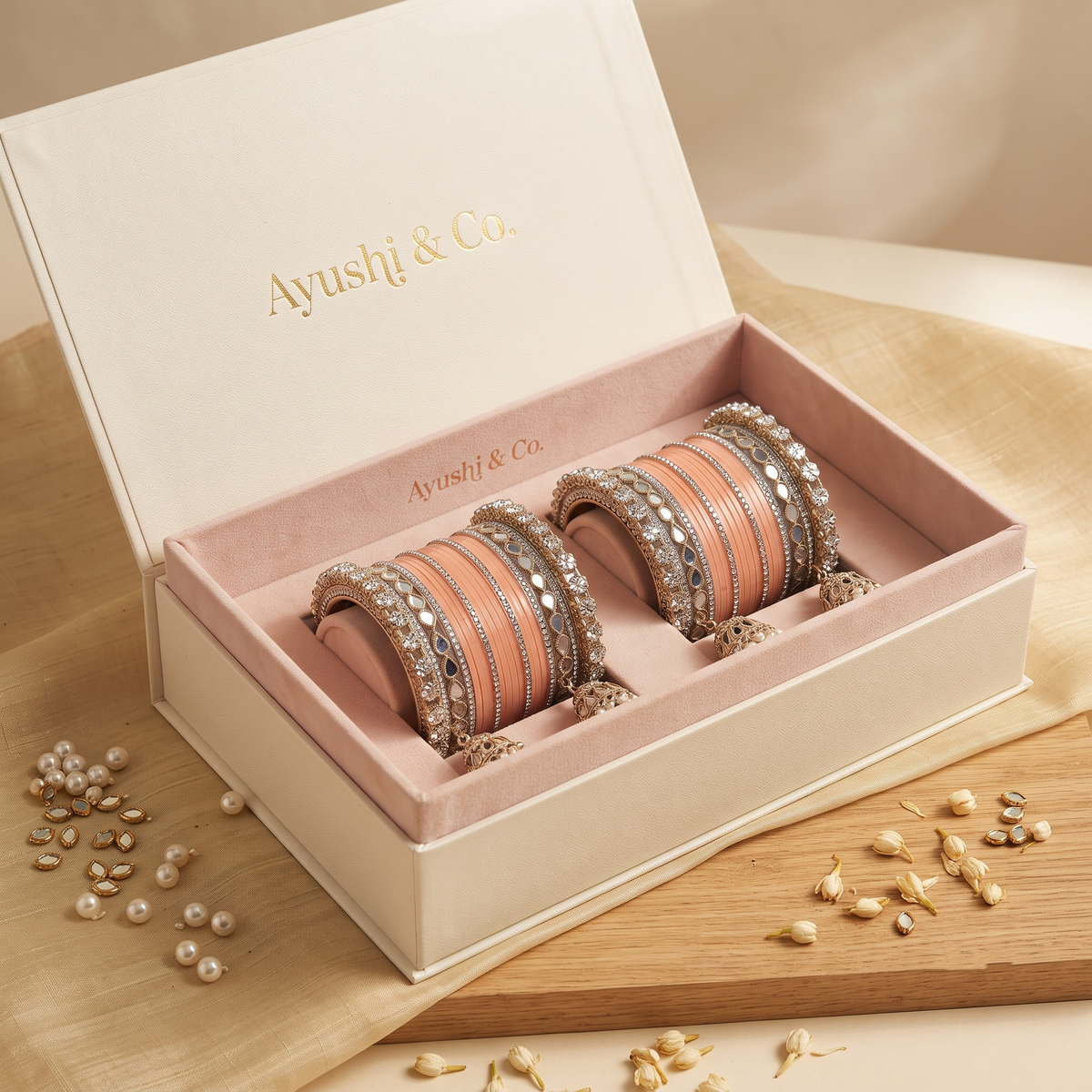 AYSIMA Anaya – Peach Bridal Bangles with Mirror-Look Kadas & Jhumka Charms - 40 pieces