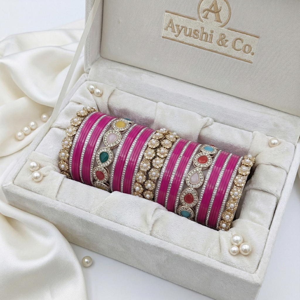 AYSIMA Rani Shringar – Rani Pink Bridal Bangle Set with Statement Kada - 42 pieces