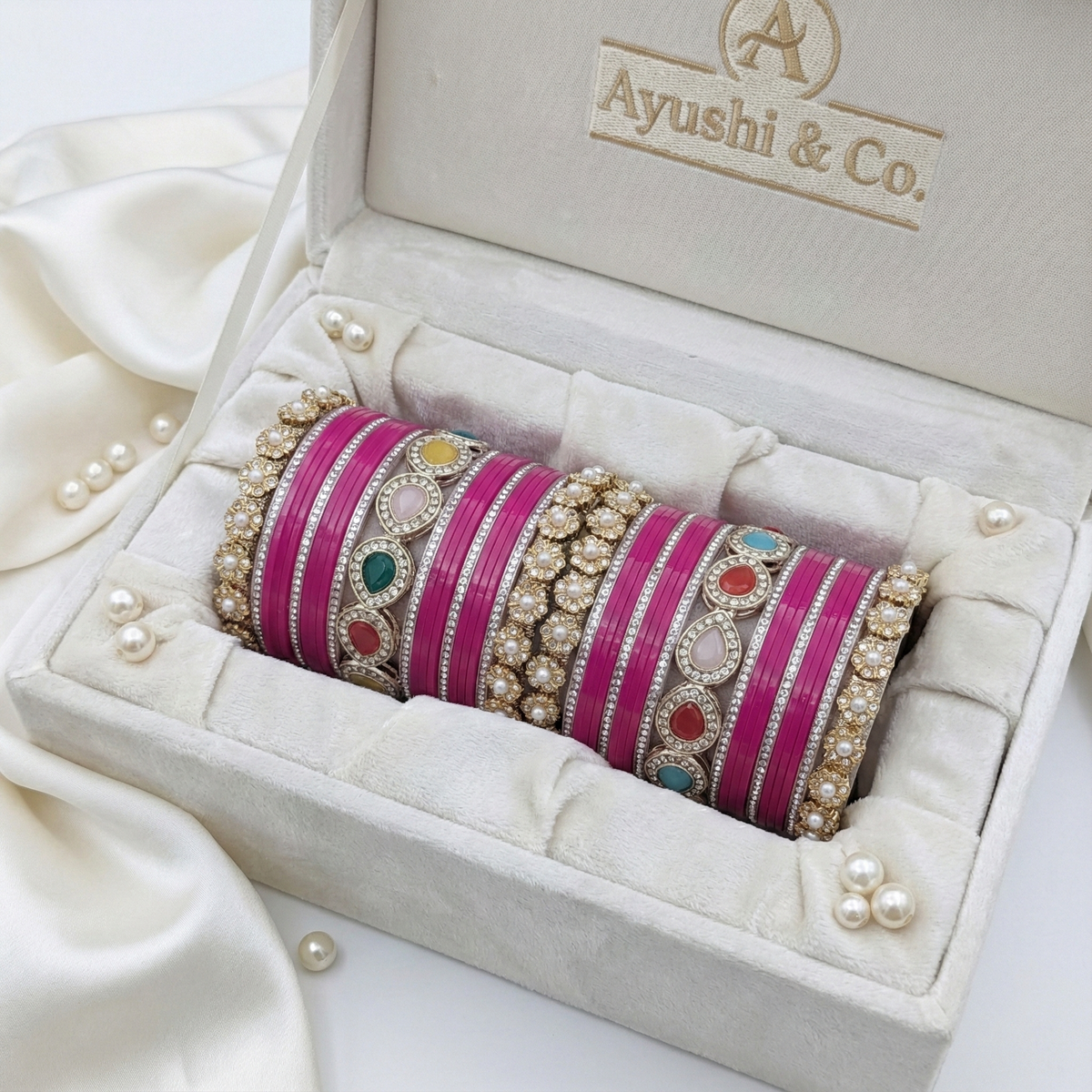 AYSIMA Rani Shringar – Rani Pink Bridal Bangle Set with Statement Kada - 42 pieces