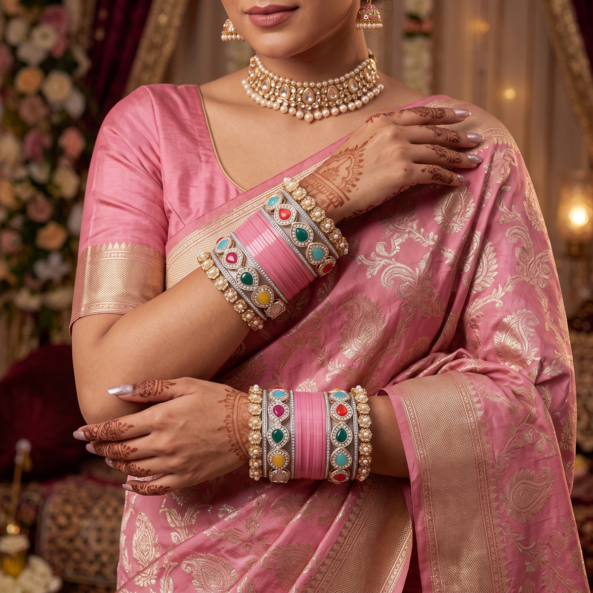 AYSIMA Pink Bridal Bangles & Multicolour Kadas - 36 pieces