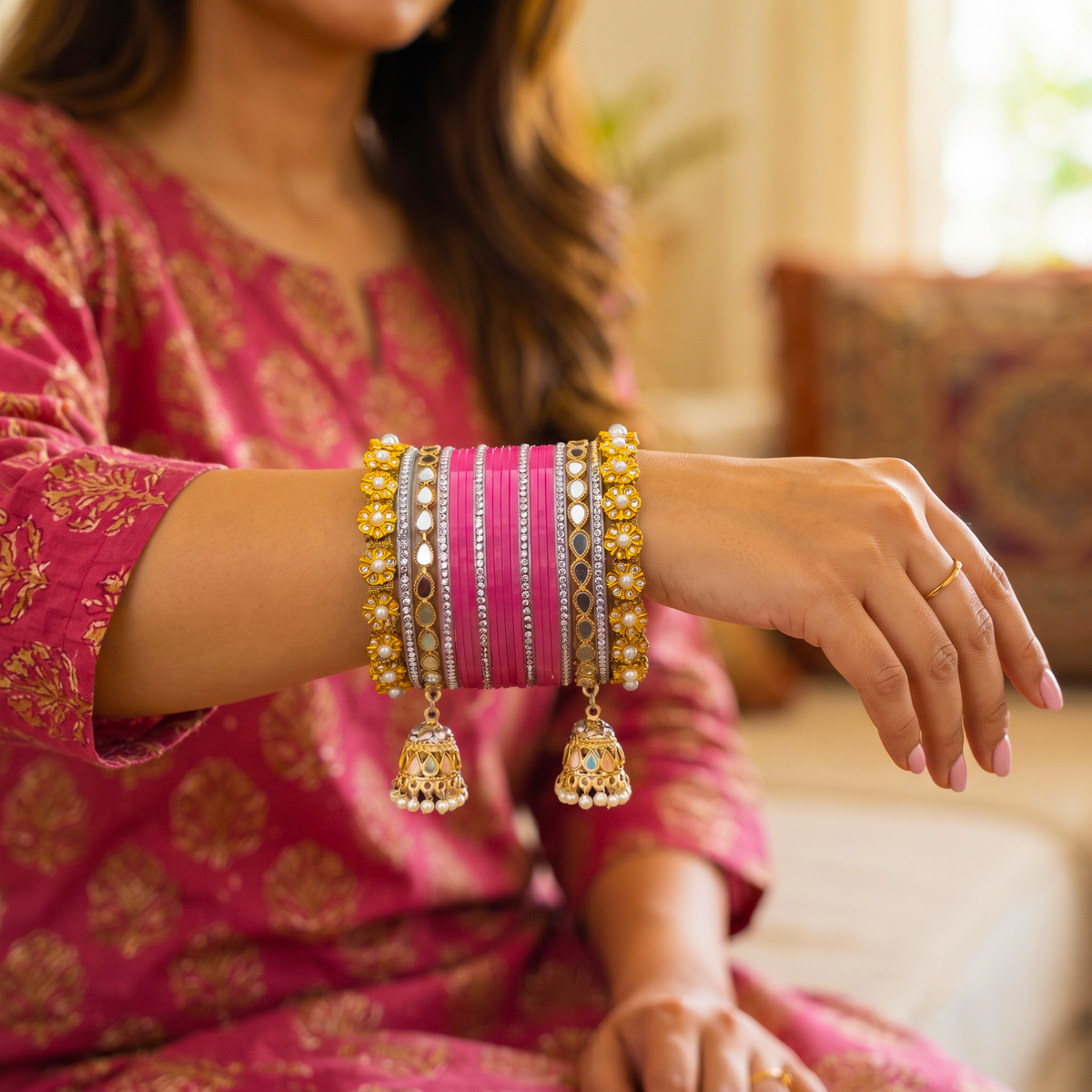 AYSIMA Pink Bridal Chura & Kangan Bangle Set – 40 Pieces