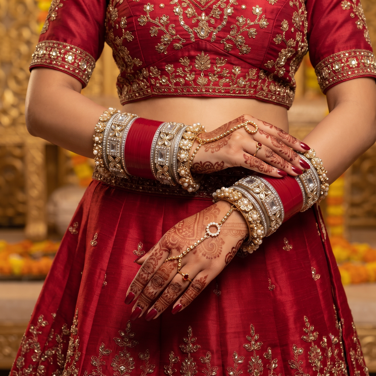 AYSIMA Red Bridal Bangle Set with Kundan-Style Kadas – 36 Pieces