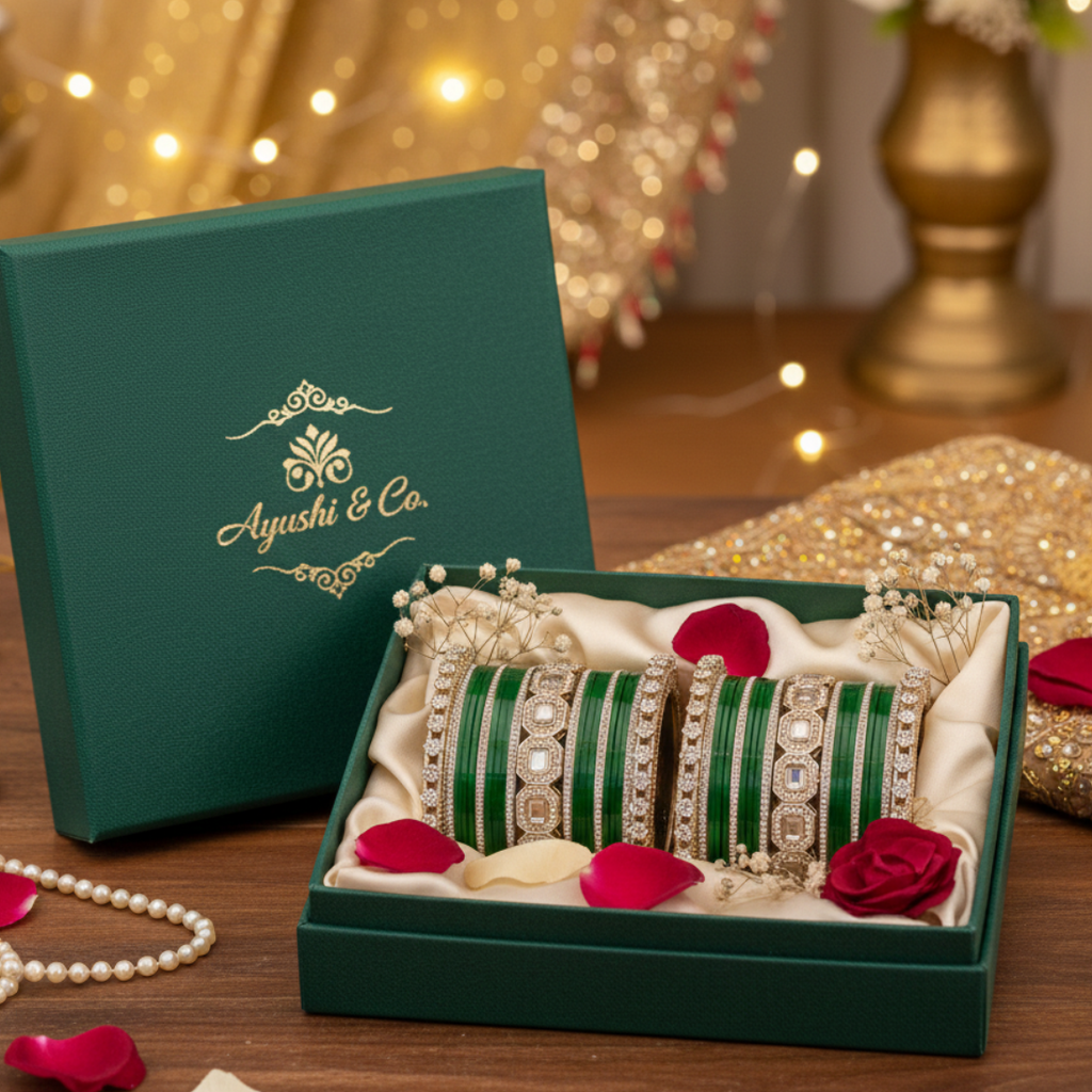AYSIMA Emerald Grace – Green 42-Piece Bridal Bangle Set with Statement Kada