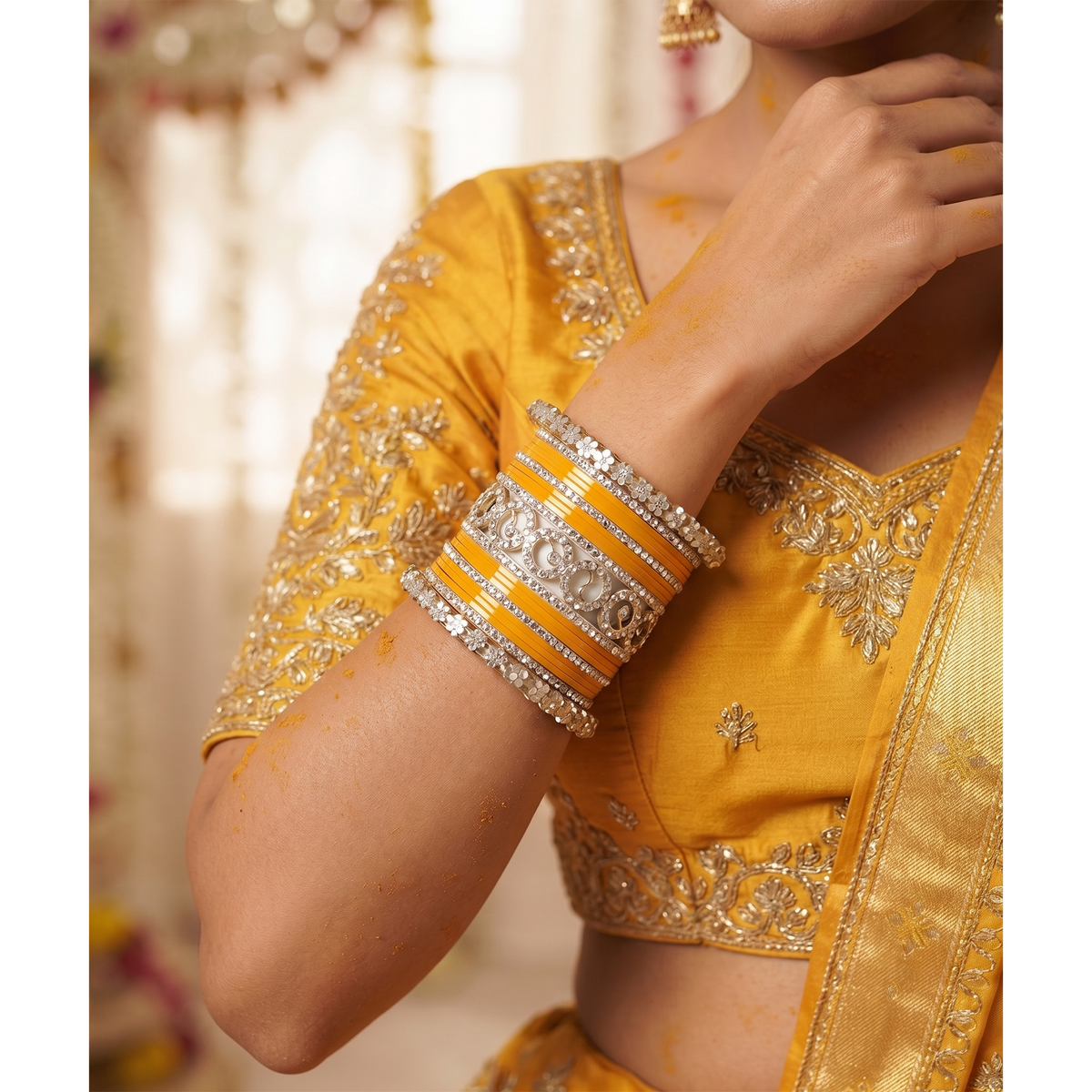 AYSIMA Surabhi – Yellow Haldi Bangle Set with Gold-Tone Floral Kadas - 42 pieces