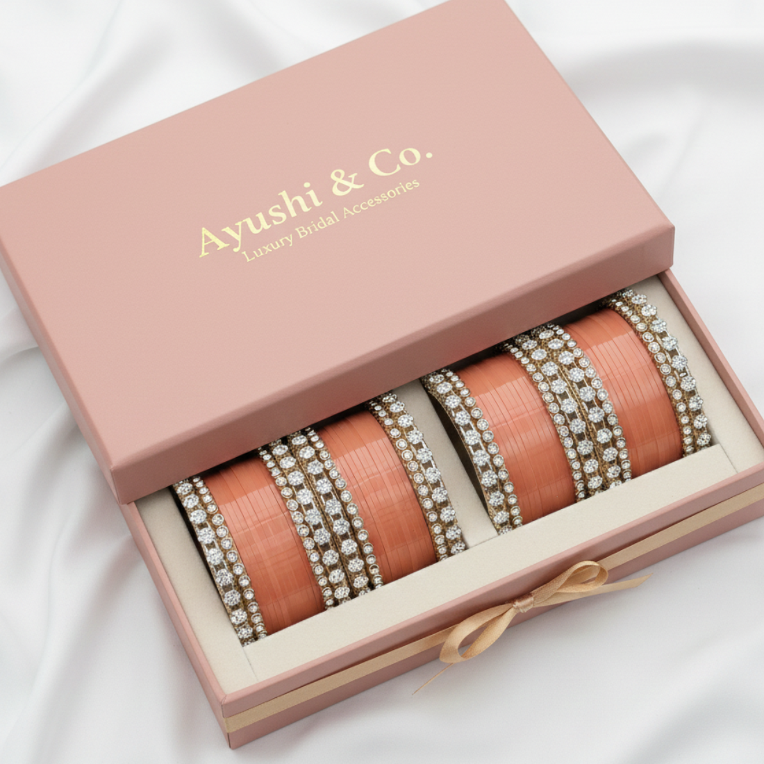 AYSIMA Mrinalika Peach Bridal Bangle Set with Floral Kadas - 56 pieces
