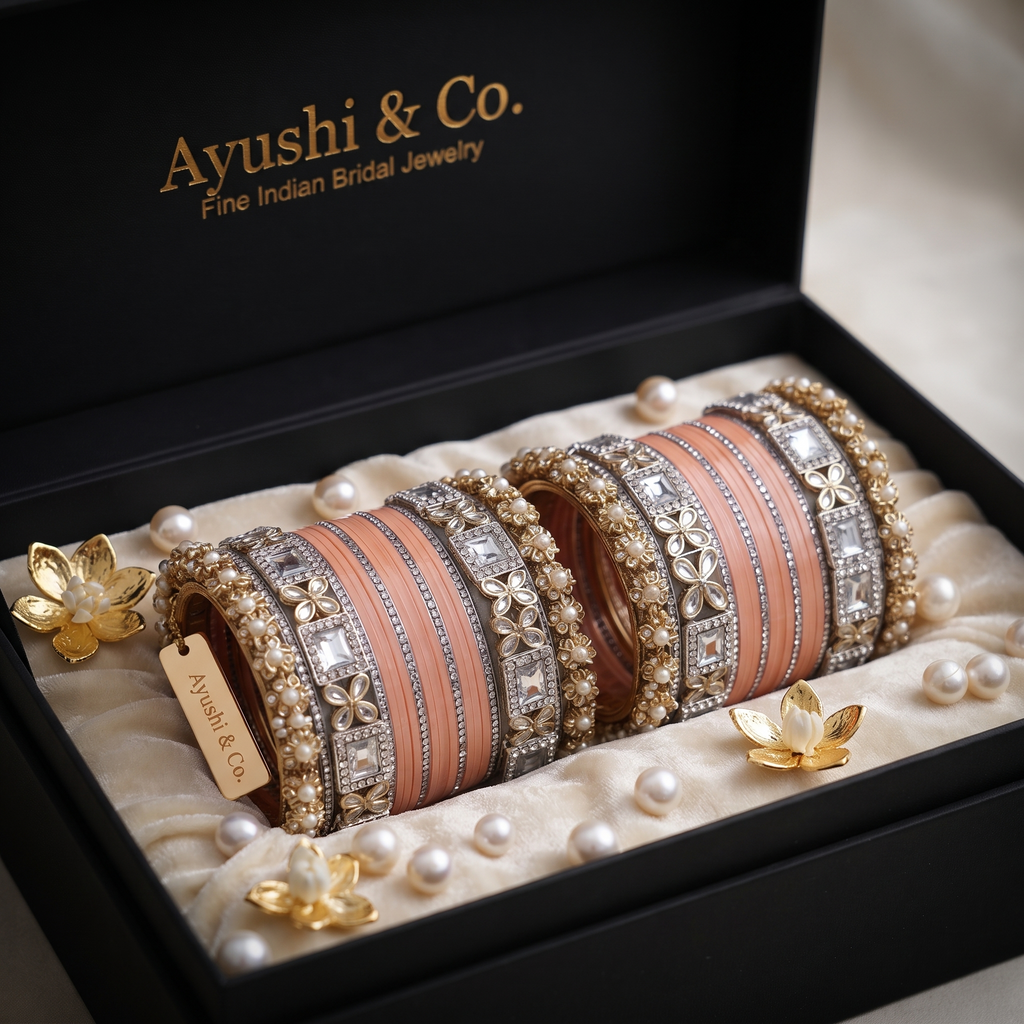 AYSIMA Tanvi – Peach Bridal Bangle Set with Floral Kadas & Pearl-Look Accents - 40 pieces