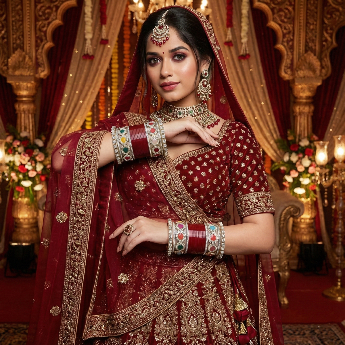Maroon Bridal Bangles & Multicolour Kadas | AYSIMA Rasika - 36 pieces