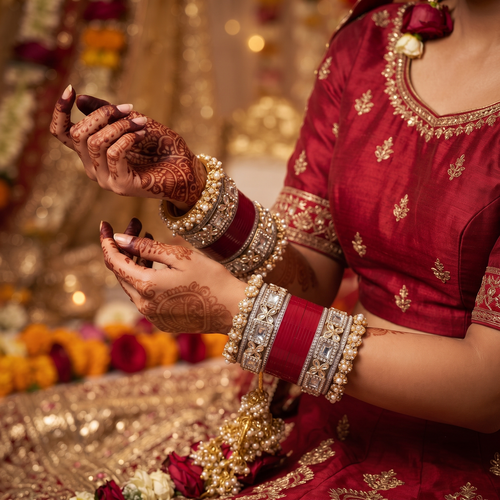 AYSIMA Red Bridal Bangle Set with Kundan-Style Kadas – 36 Pieces