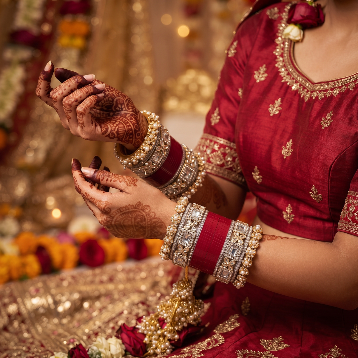 AYSIMA Red Bridal Bangle Set with Kundan-Style Kadas – 36 Pieces