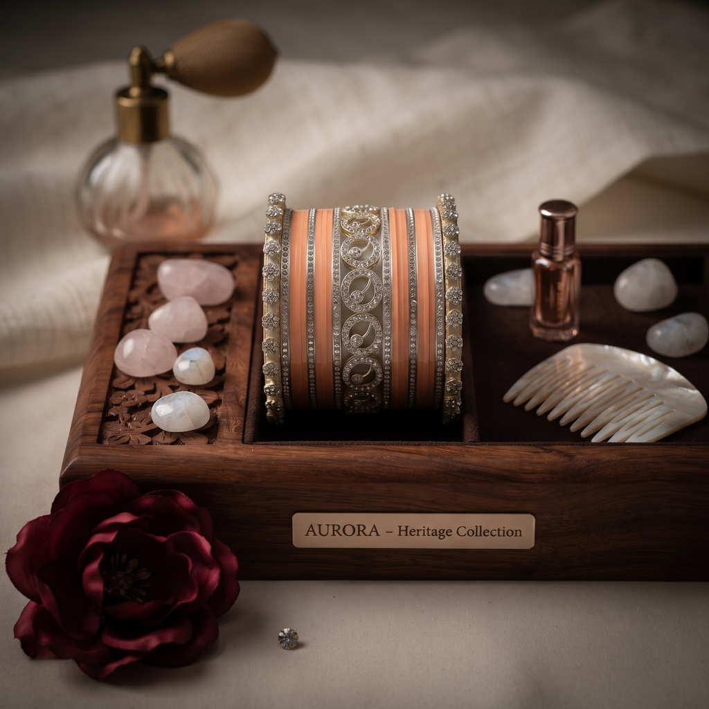 AYSIMA Aditi – Peach Bridal Bangles with Gold-Tone Floral Kadas - 42 pieces