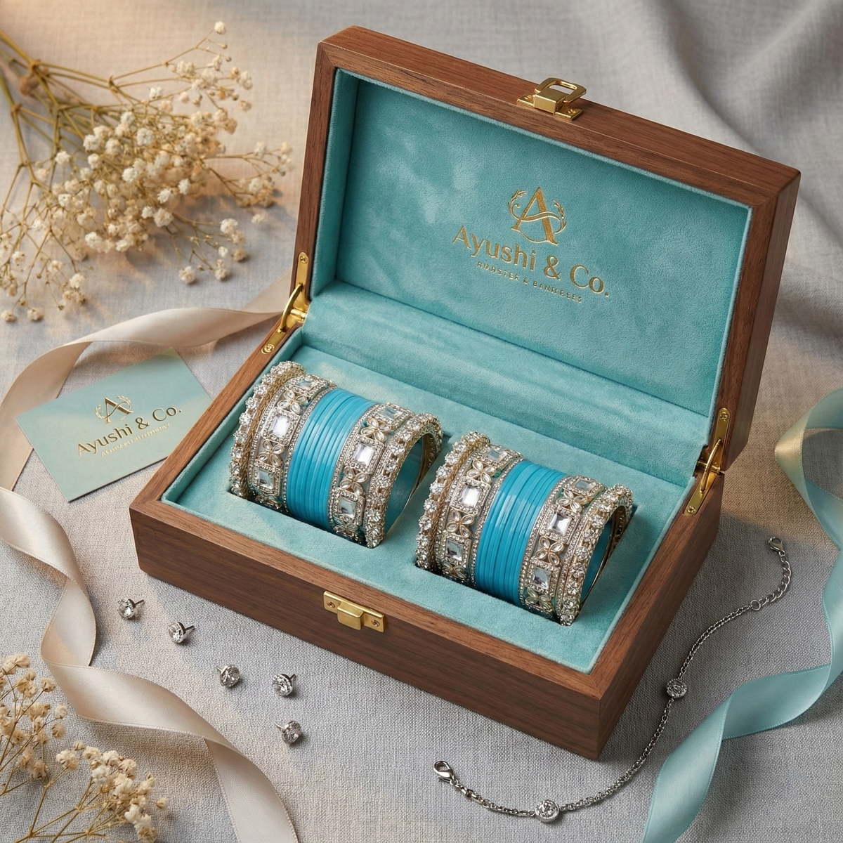 AYSIMA Neerja – Sky Blue Bridal Chura & Floral Kada Set - 36 pieces