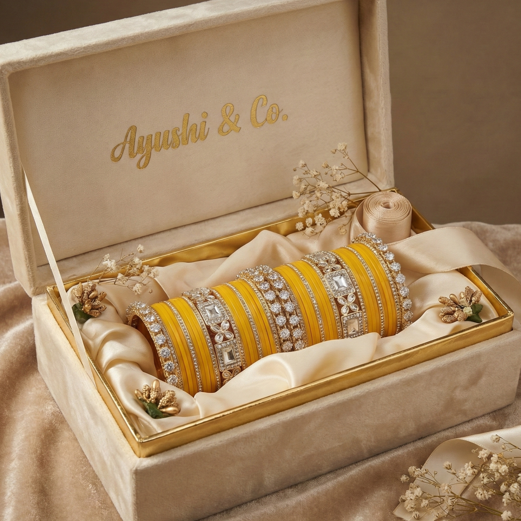 AYSIMA Peetika Yellow Haldi Bangle Set for Women | Bridal Bangles & Floral Kadas