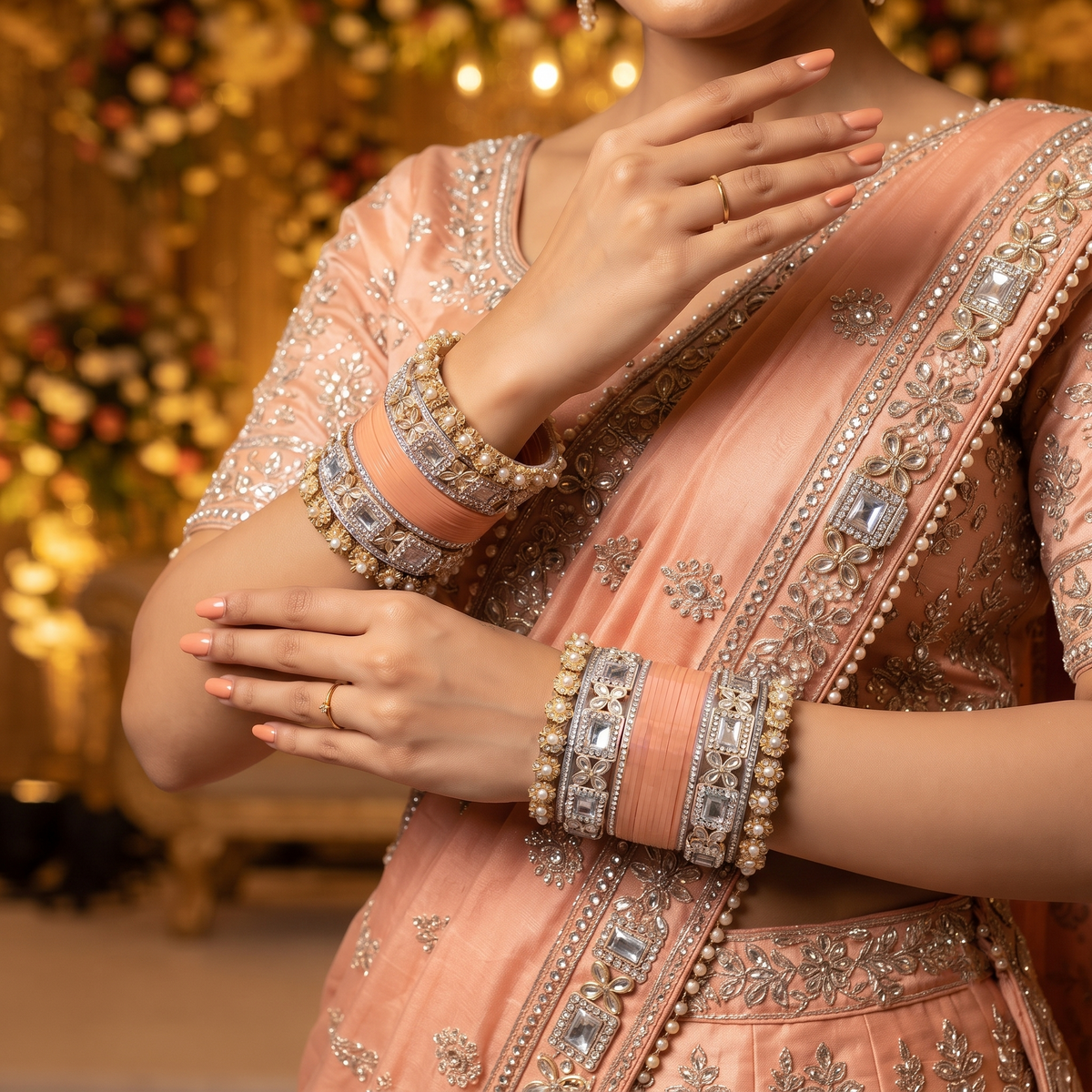 AYSIMA Peach Bridal Bangle Set with Floral Kadas – 36 Pieces