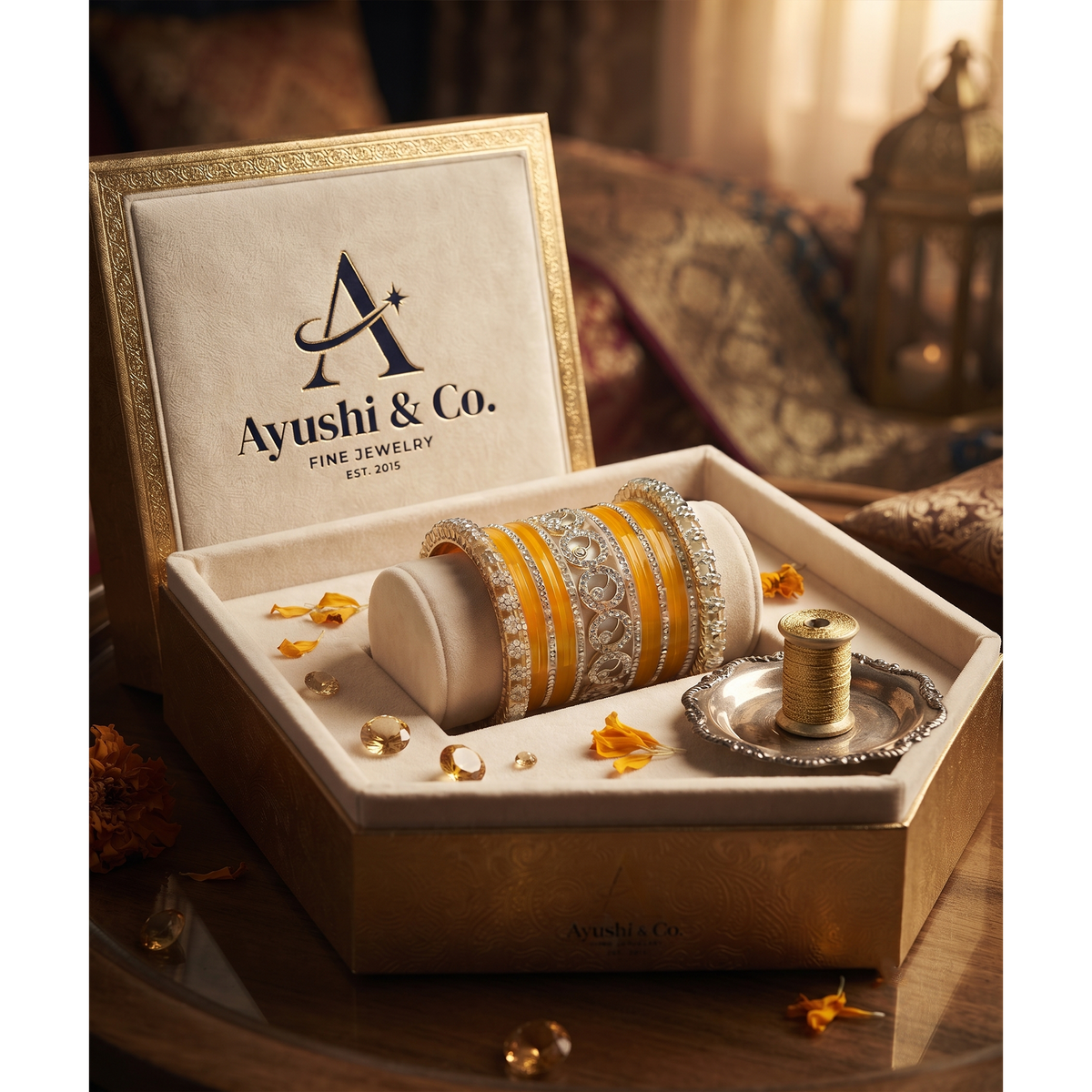 AYSIMA Surabhi – Yellow Haldi Bangle Set with Gold-Tone Floral Kadas - 42 pieces