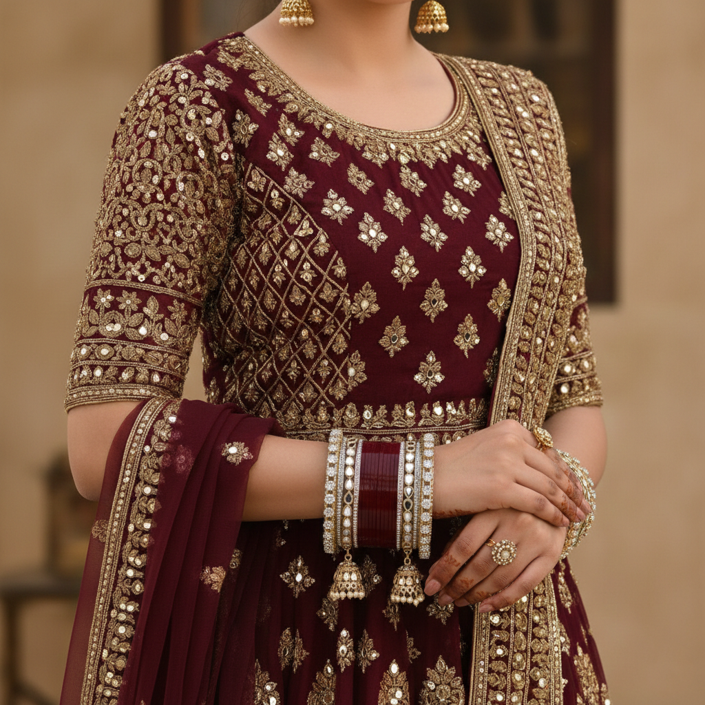 AYSIMA Anuradha – Maroon Bridal Bangle Set with Jhumka Charms - 36 pieces