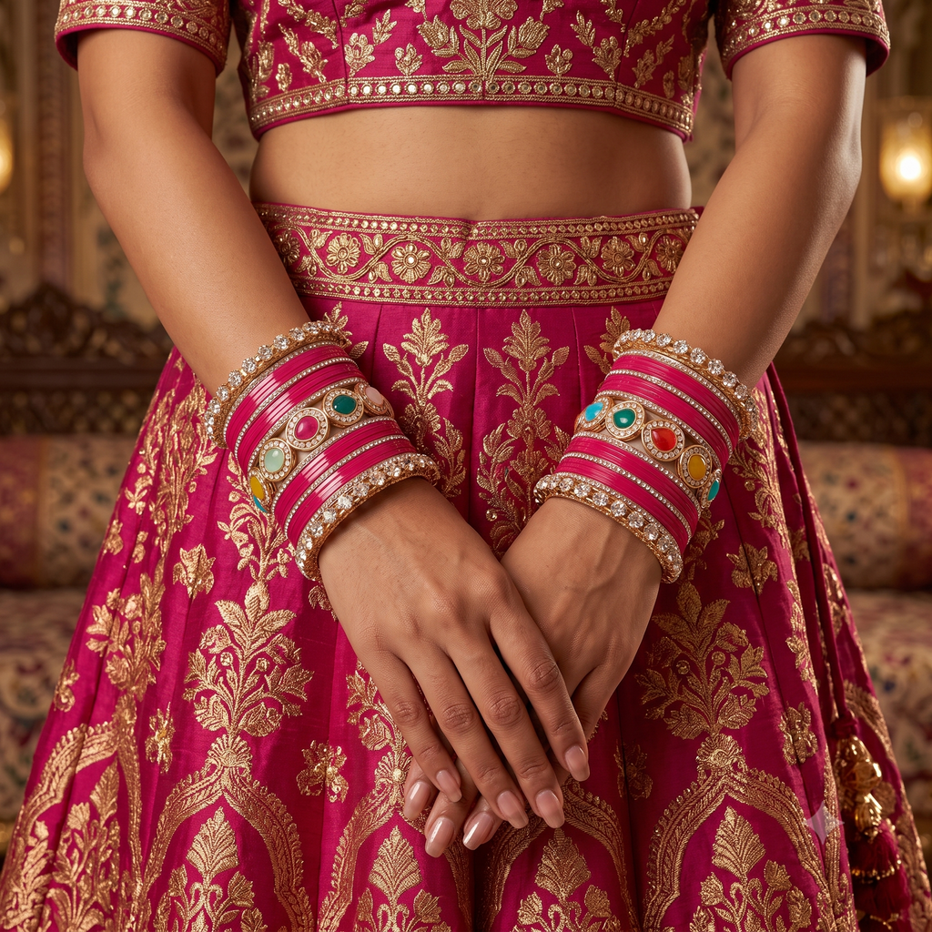 AYSIMA Rageshri Rani Pink Bridal Bangle Set with Multicolour Kada