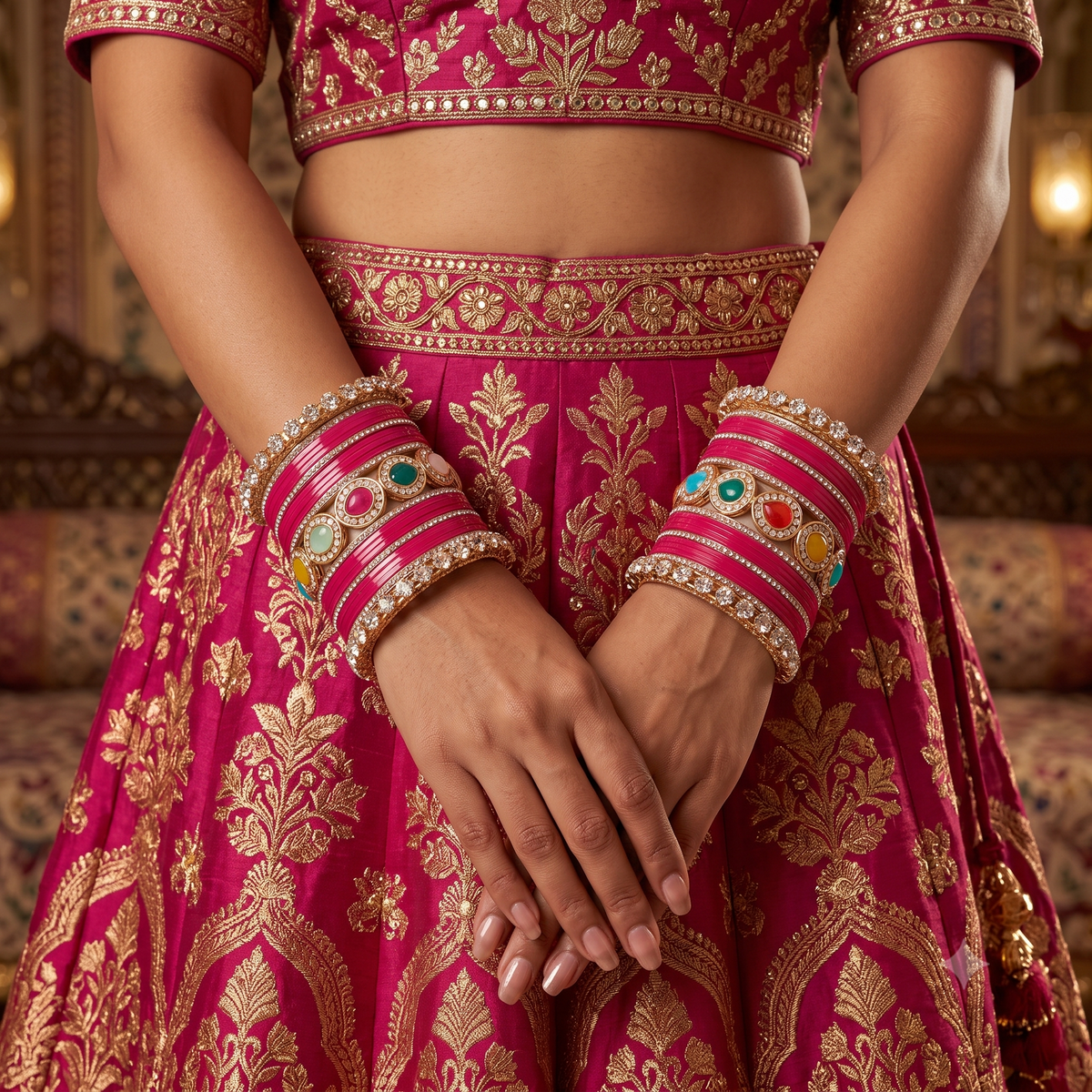 AYSIMA Rageshri Rani Pink Bridal Bangle Set with Multicolour Kada