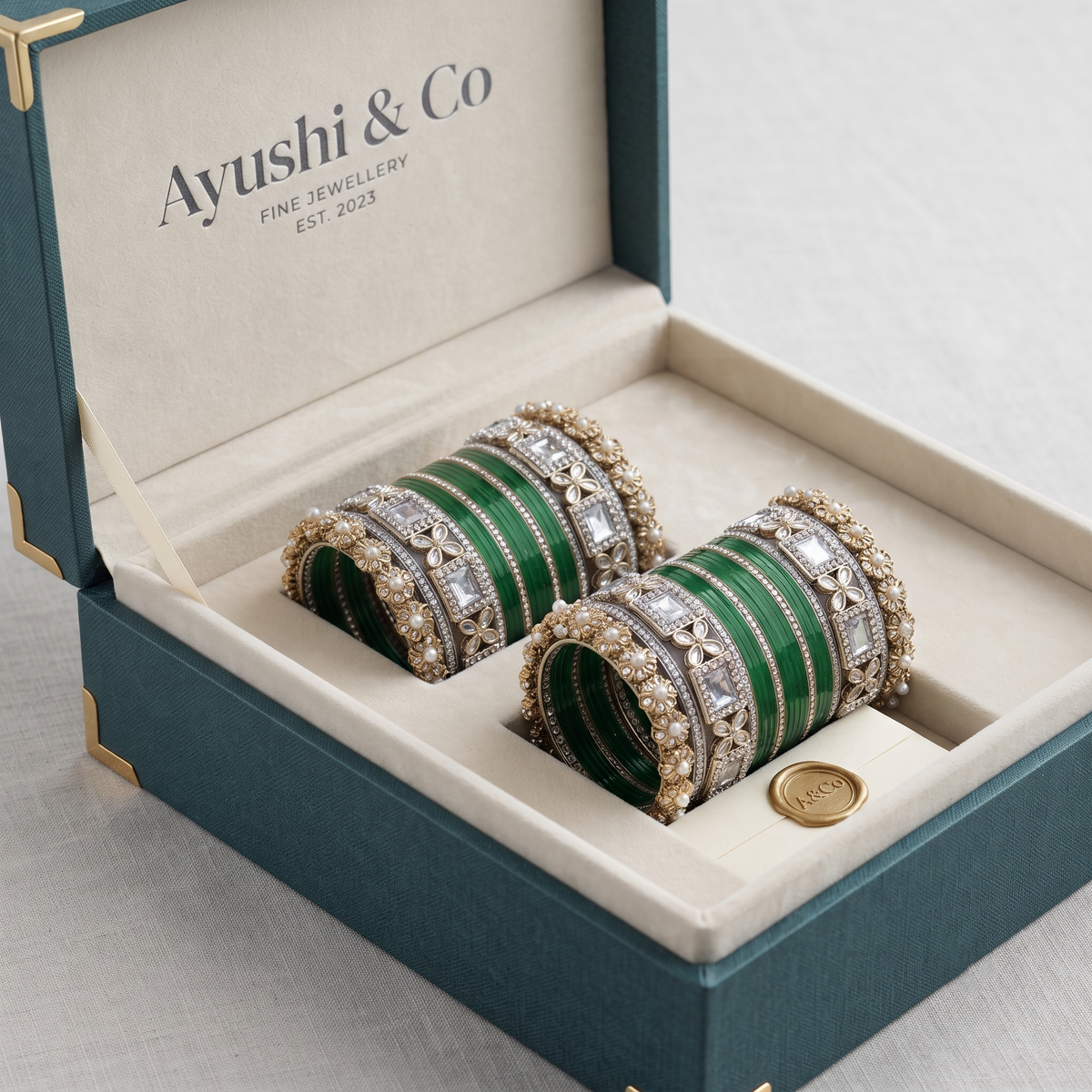 AYSIMA Aparna – Green Bridal Bangles with Floral Kadas & Pearl-Look Accents - 40 pieces