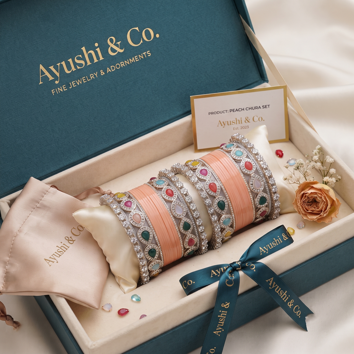 Peach Bridal Bangles & Multicolour Kadas | AYSIMA Mridula - 36 pieces