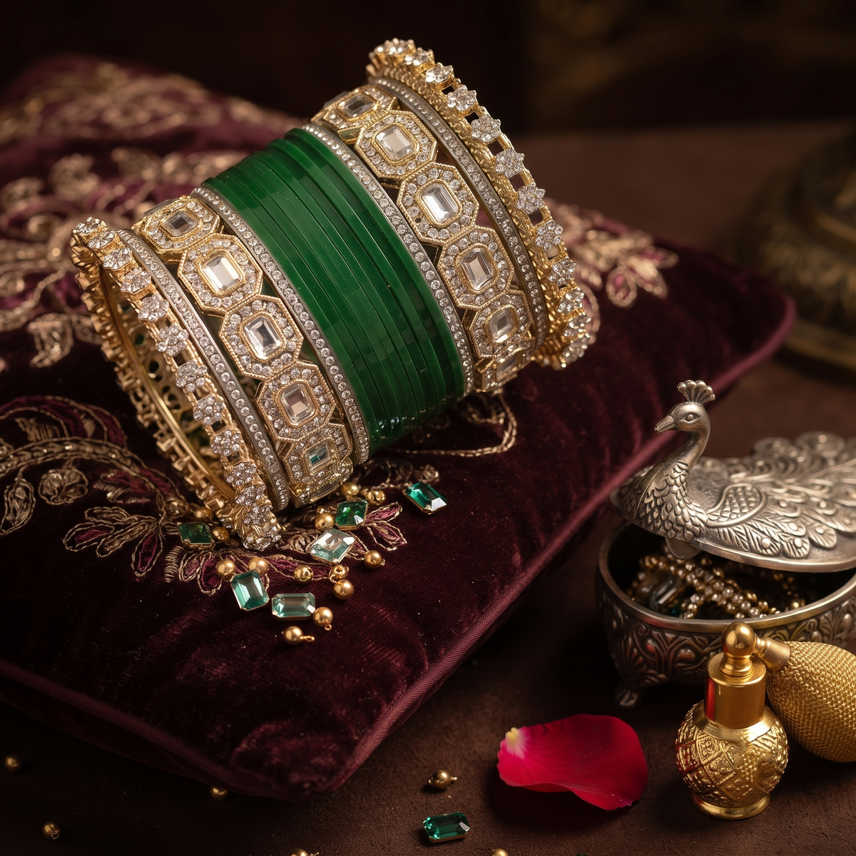 AYSIMA Green Bridal Bangles & Geometric Kadas – Vrinda - 36 pieces