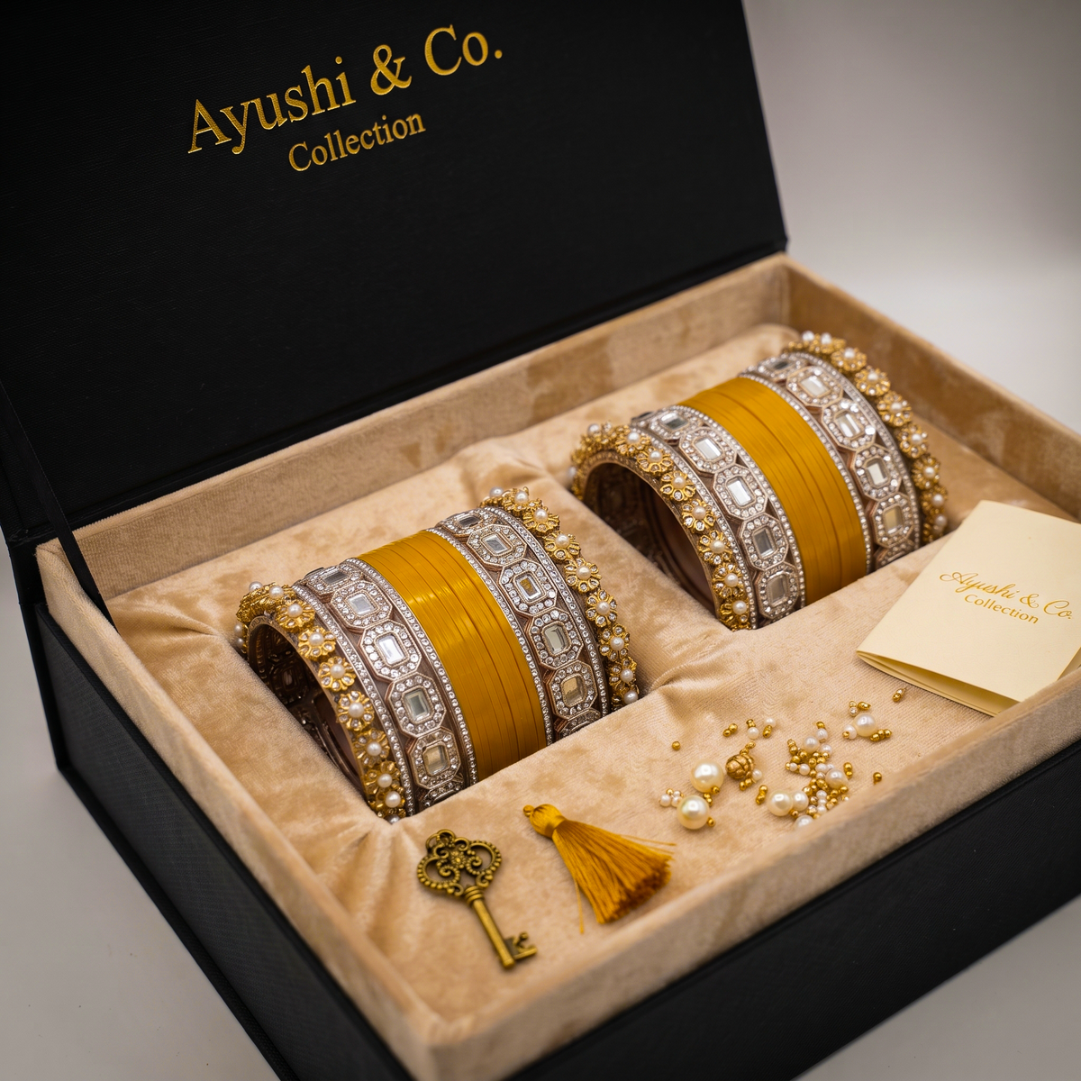 AYSIMA Kesarika Yellow Haldi Bangle Set with Geometric & Floral Kadas - 36 pieces