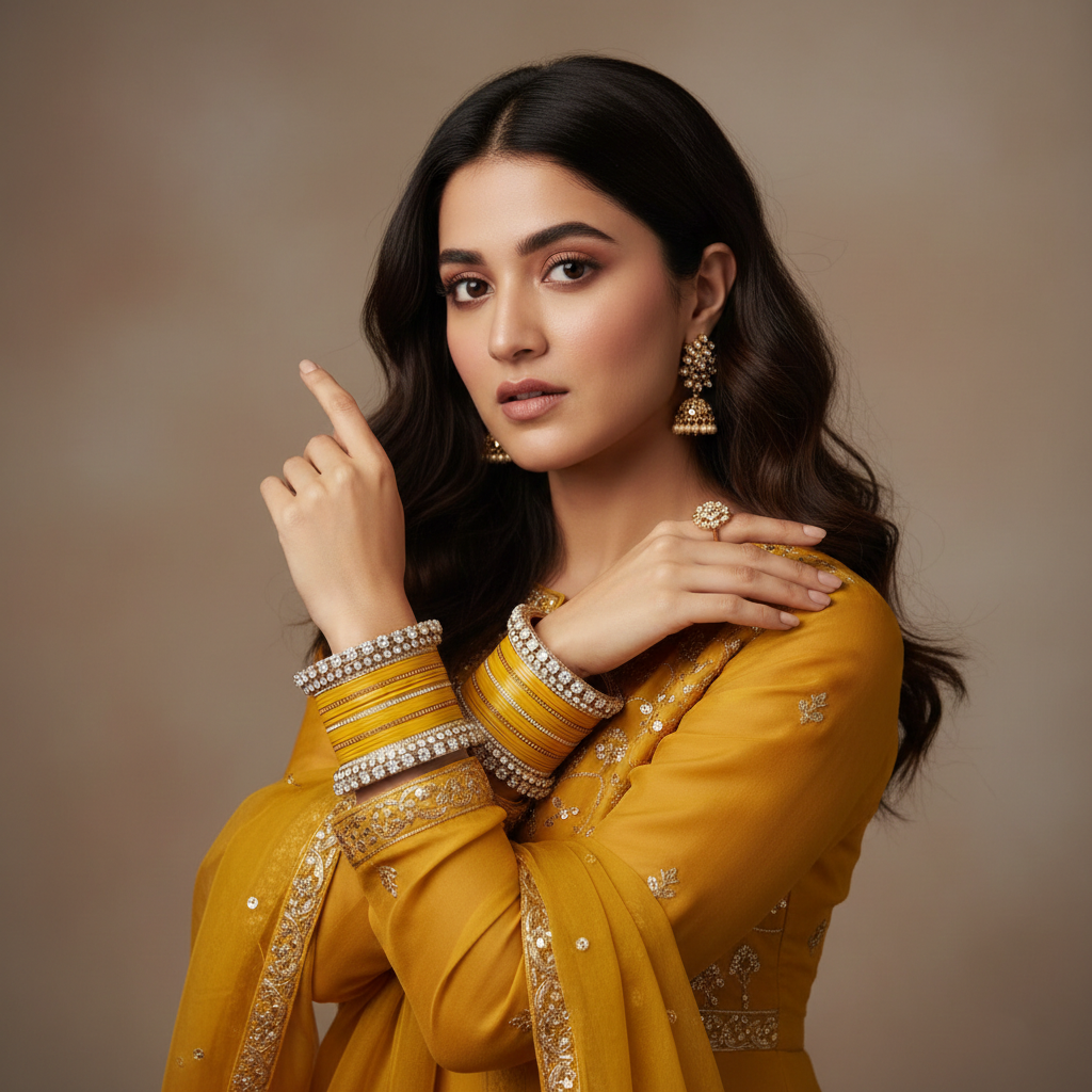 AYSIMA Sunehri Utsav – 42-Piece Mustard Yellow Bangle Set with Kadas