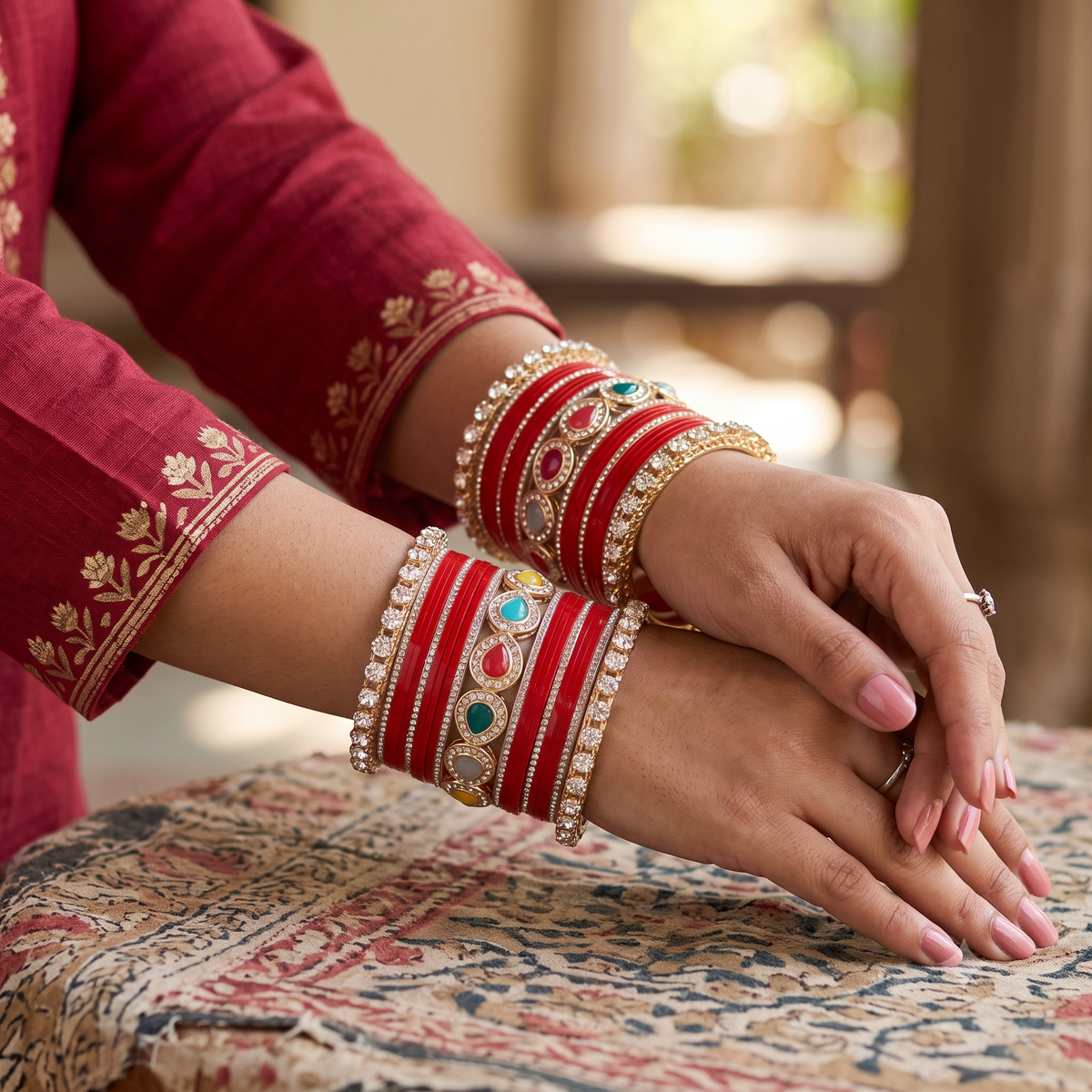 AYSIMA Suhaani Red Bridal Bangle Set with Multicolour Kada