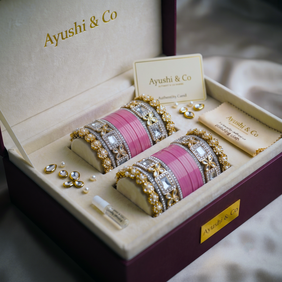 AYSIMA Pink Bridal Bangle Set with Kundan-Style Kadas – 36 Pieces