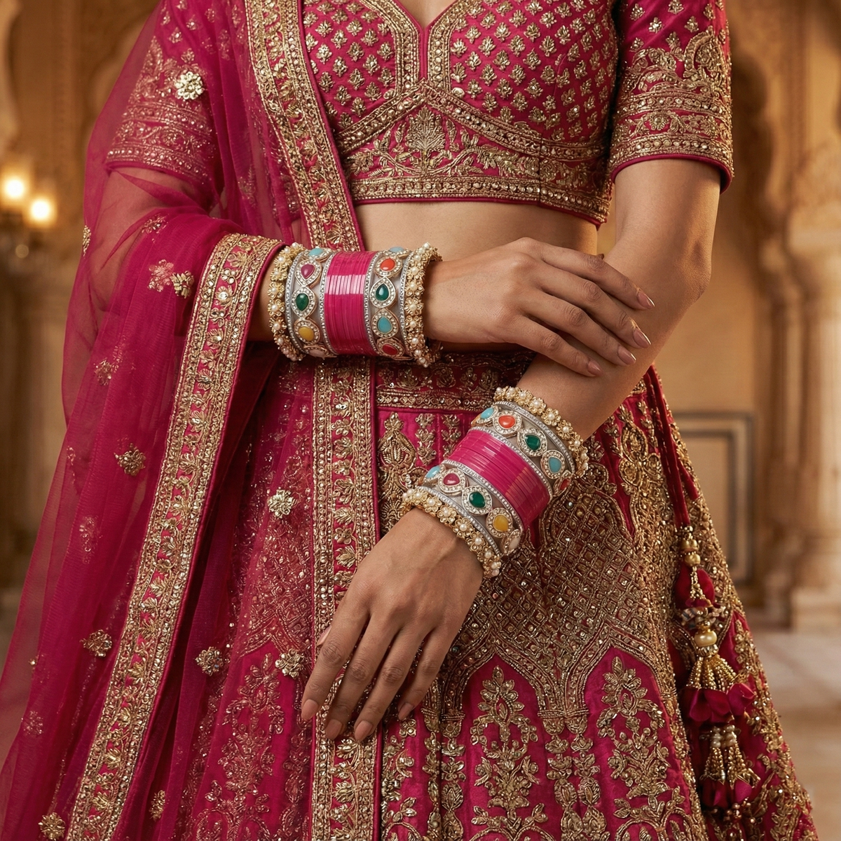 AYSIMA Rani Pink Bridal Chura & Kada Set – Rangoli - 36 pieces