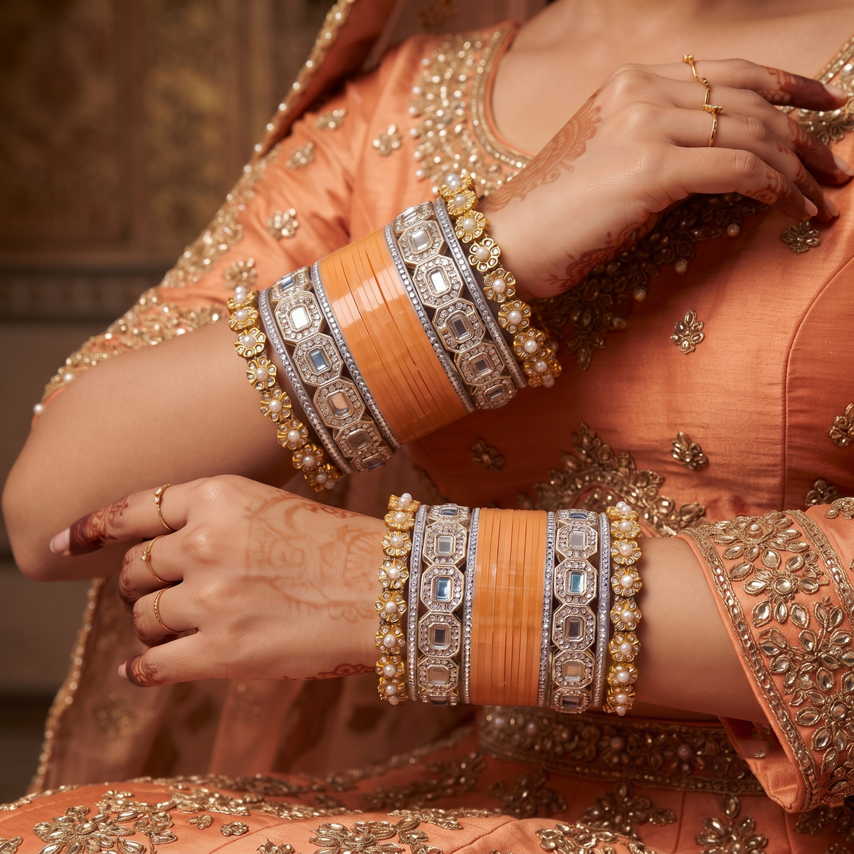 AYSIMA Amodini – Peach Bridal Bangle Set with Pachari Kadas | 36 Pieces