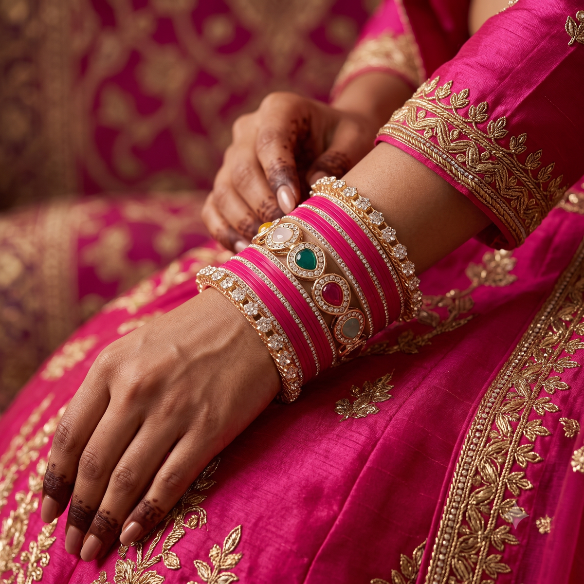 AYSIMA Rageshri Rani Pink Bridal Bangle Set with Multicolour Kada