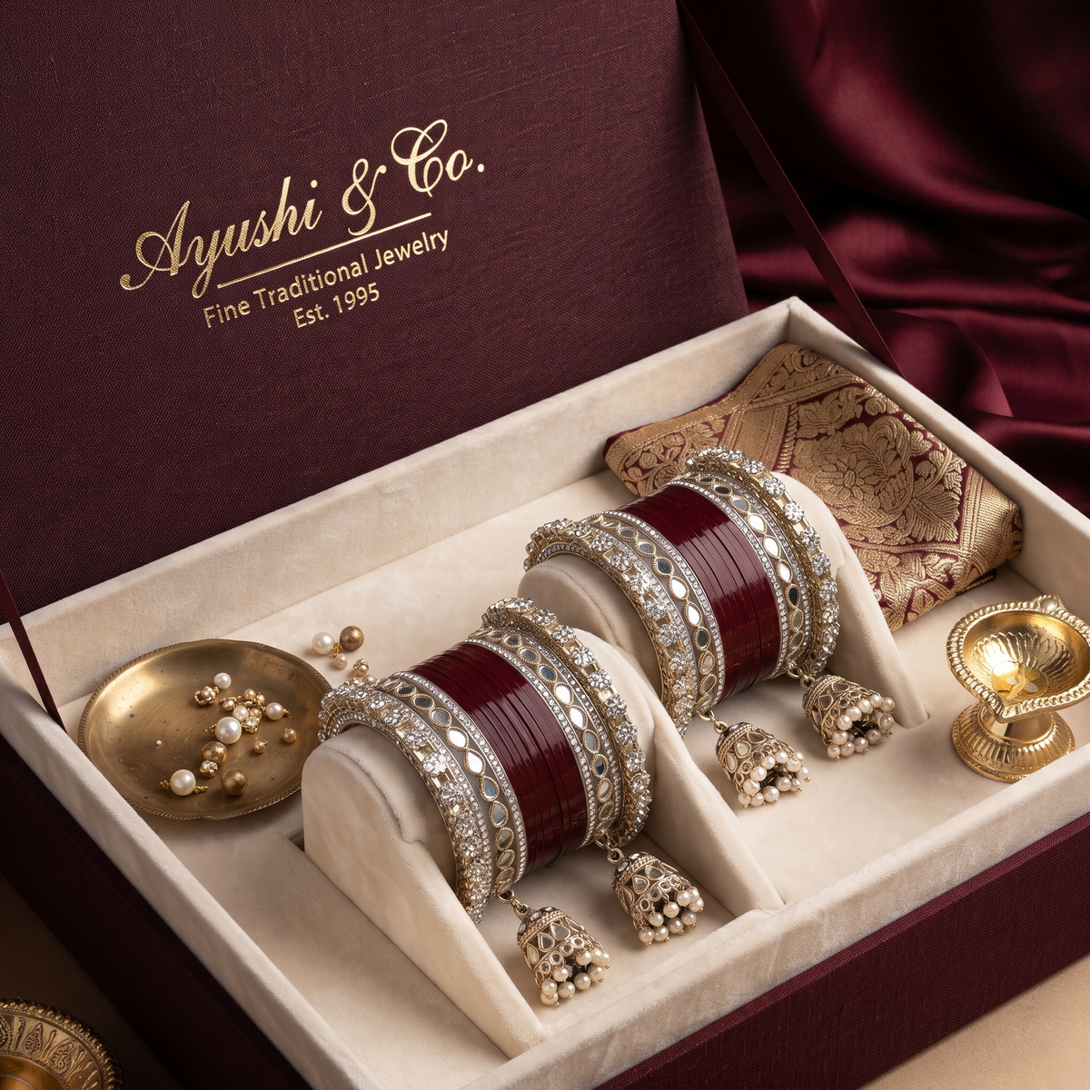 AYSIMA Anuradha – Maroon Bridal Bangle Set with Jhumka Charms - 36 pieces