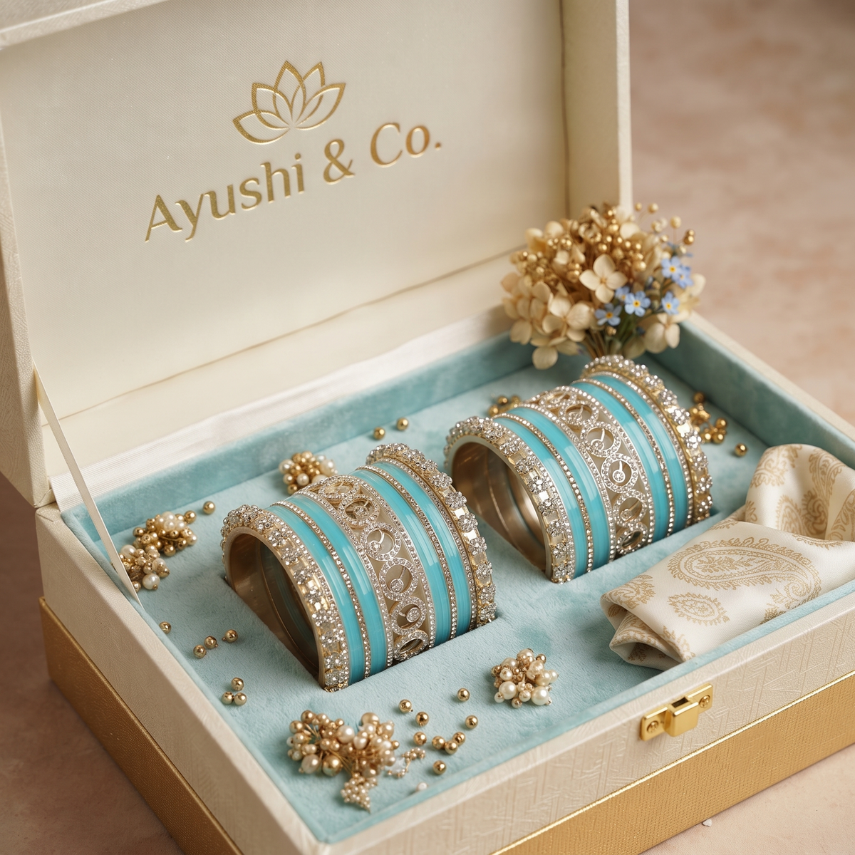 AYSIMA Indira – Aqua Blue Bridal Bangle Set with Floral Kadas - 42 pieces