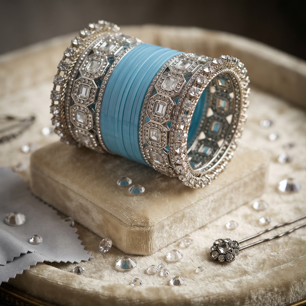 AYSIMA Sky Blue Bridal Bangles & Pachari Kadas – Meghna - 36 pieces