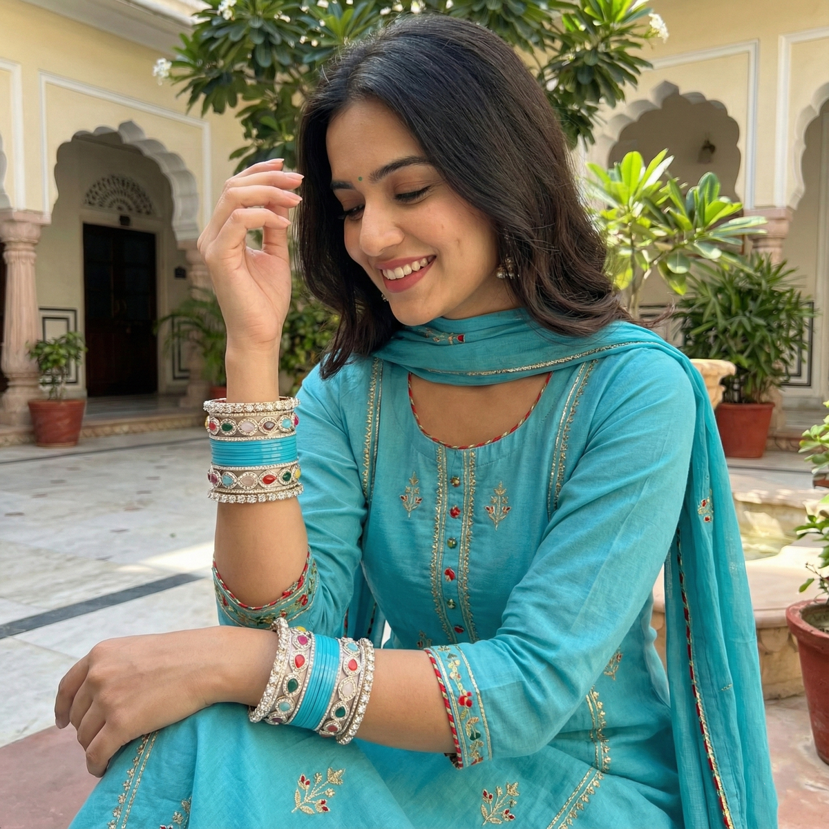 Blue Bridal Bangles & Multicolour Kadas | AYSIMA Yamini - 36 pieces
