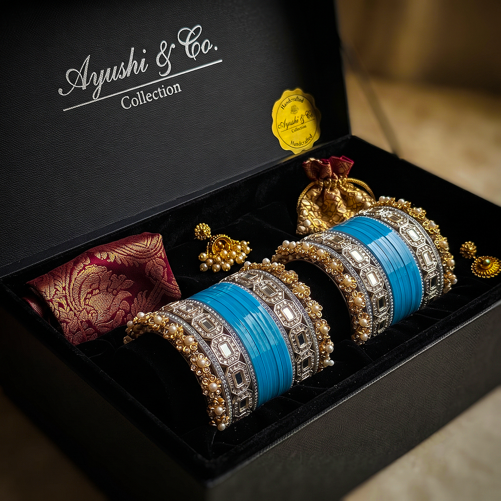 AYSIMA Neelakshi – Turquoise Blue Bridal Bangle Set with Decorative Kadas | 36 Pieces