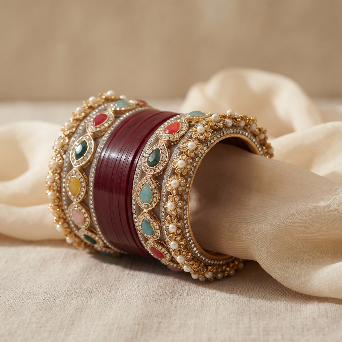 AYSIMA Maroon Bridal Bangles & Kundan-Style Kadas - 36 pieces