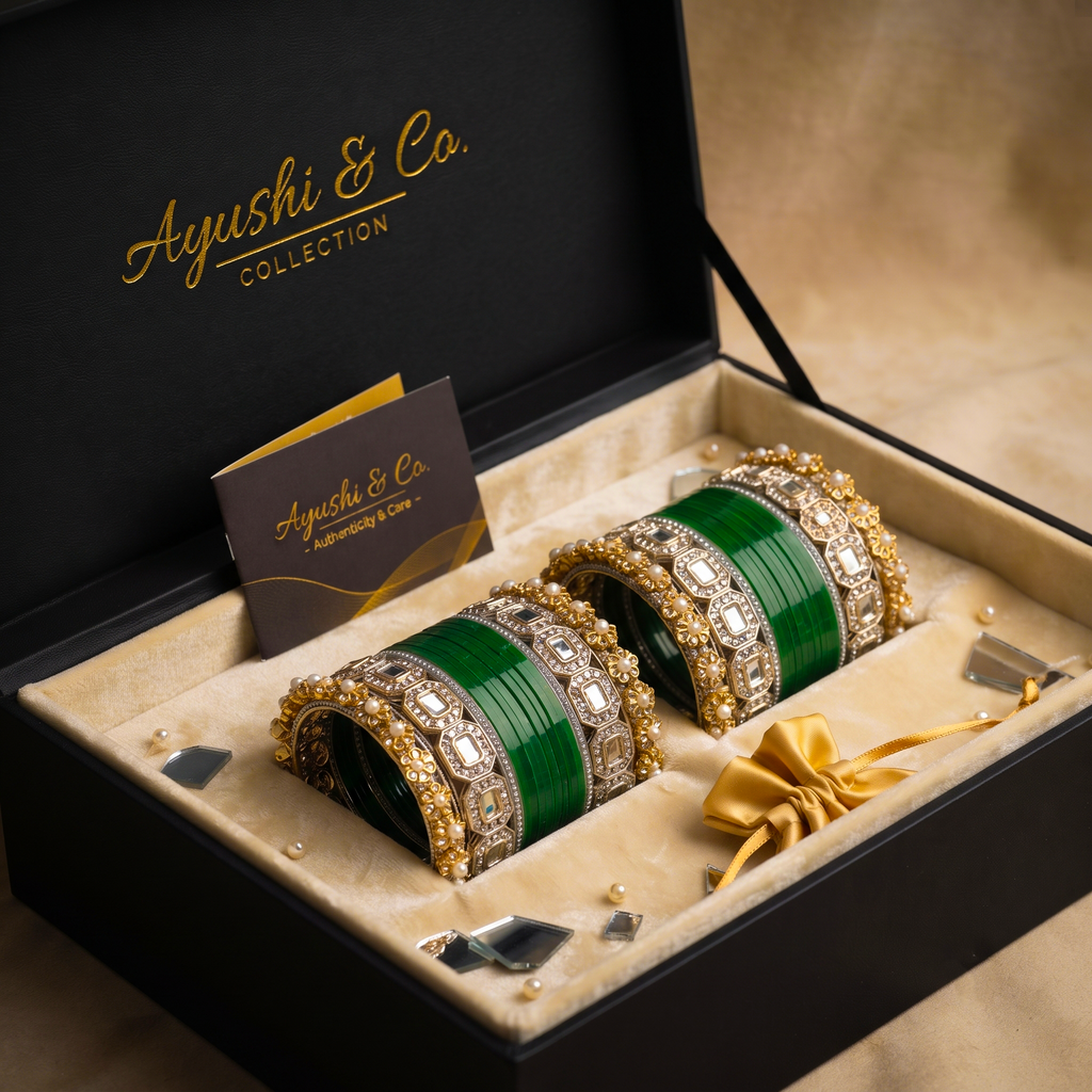 AYSIMA Varnika Green Bridal Bangle Set with Geometric & Floral Kadas - 36 pieces