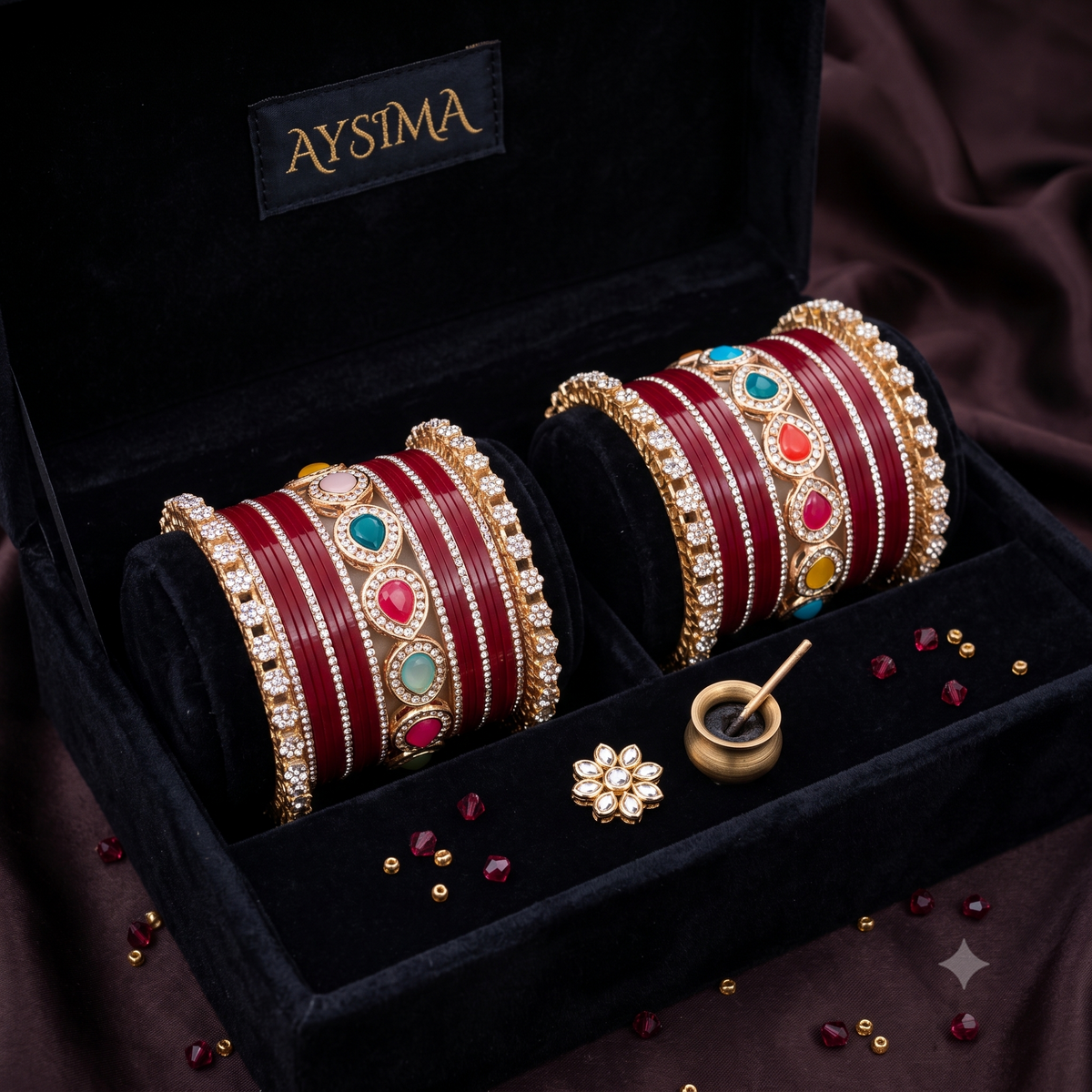 AYSIMA Rajnandini Maroon Bridal Bangle Set with Multicolour Kada