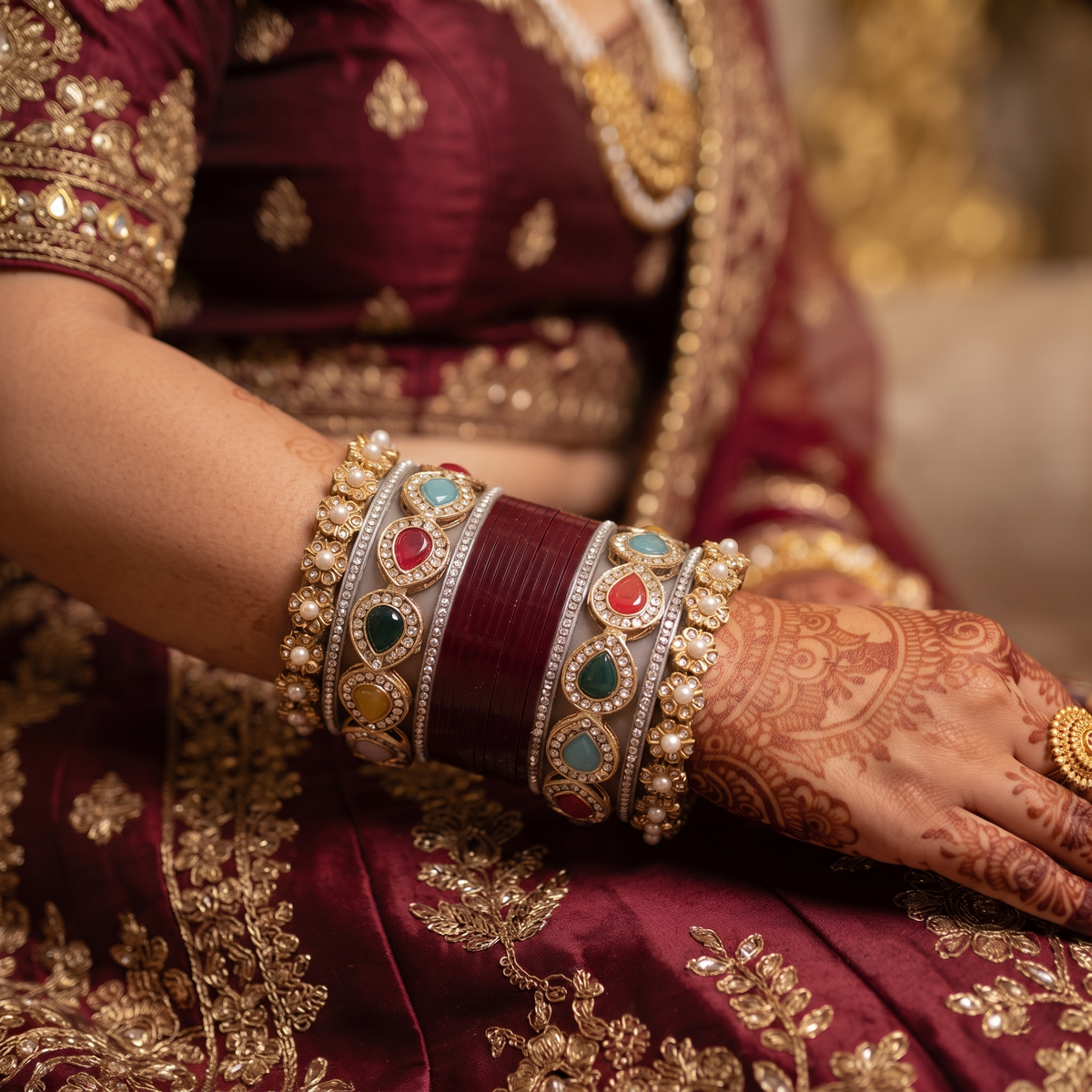 AYSIMA Maroon Bridal Bangles & Kundan-Style Kadas - 36 pieces