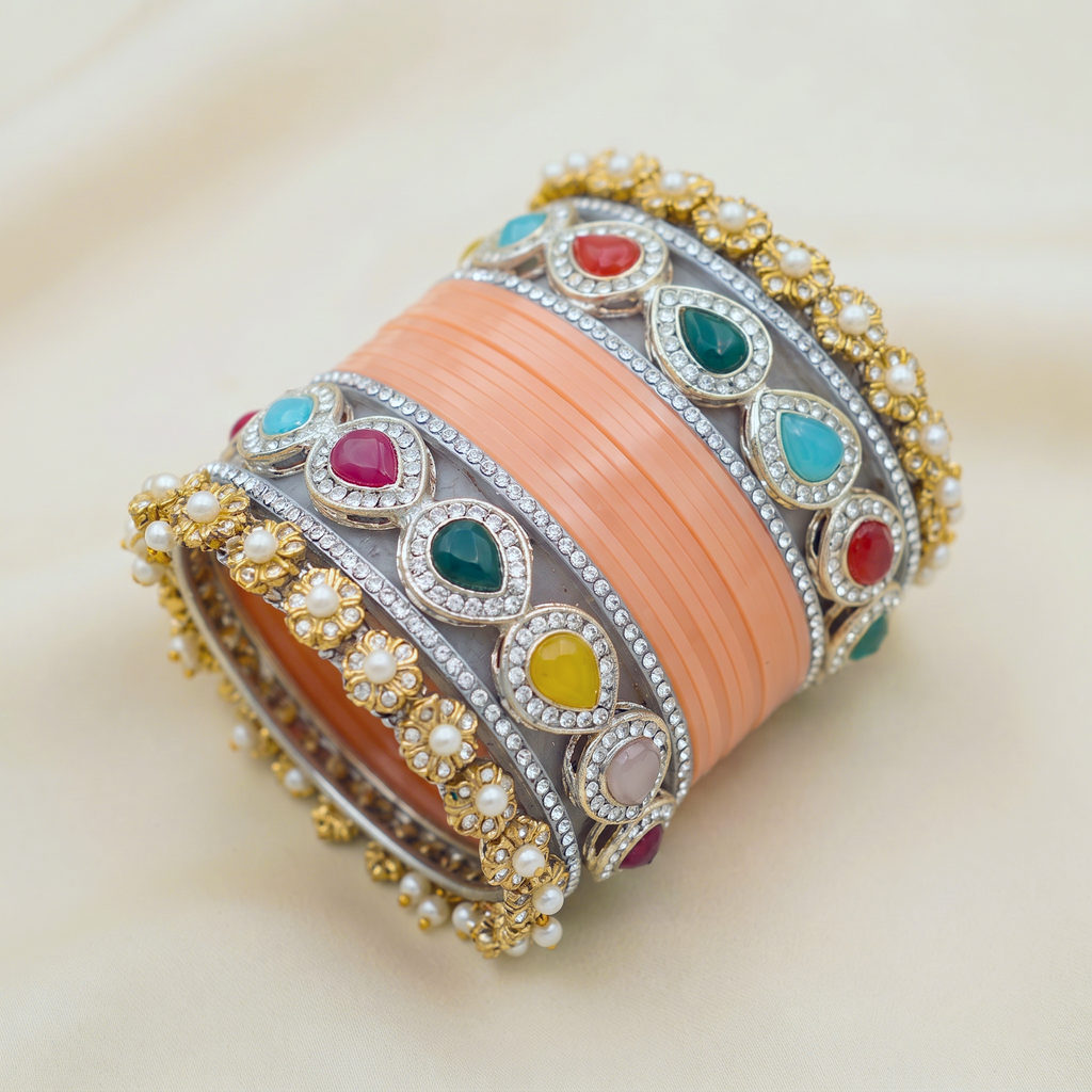 AYSIMA Peach Bridal Bangles & Multicolour Kadas - 36 pieces